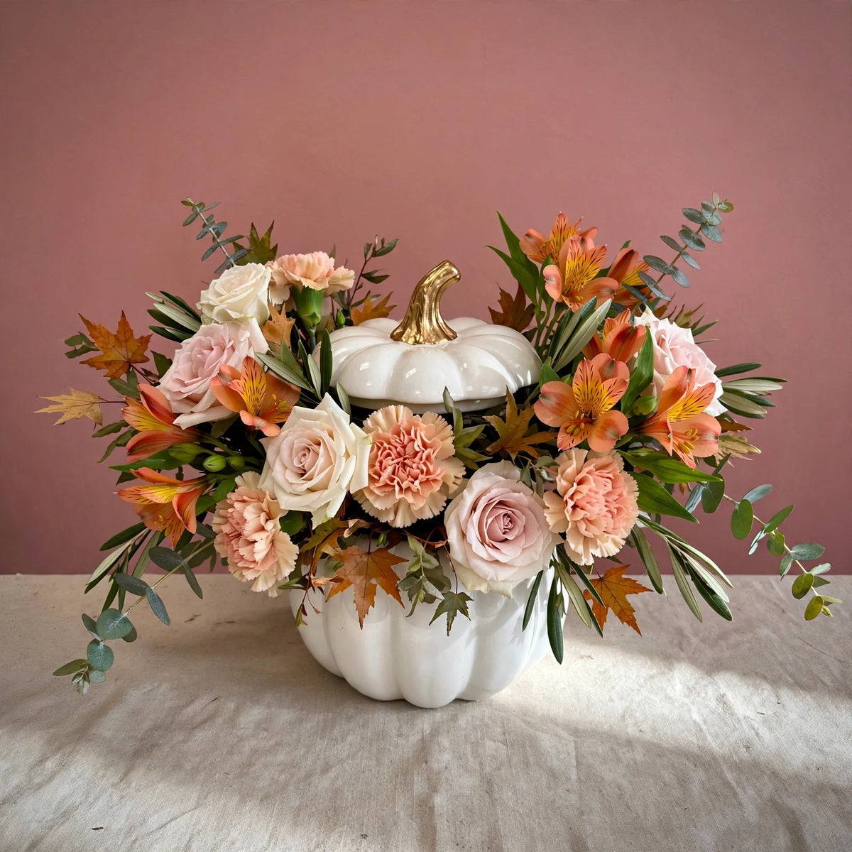 Autumn floral arrangement in a white ceramic pumpkin vase — fall flowers by FLOWERS Central Jersey, Manalapan NJ