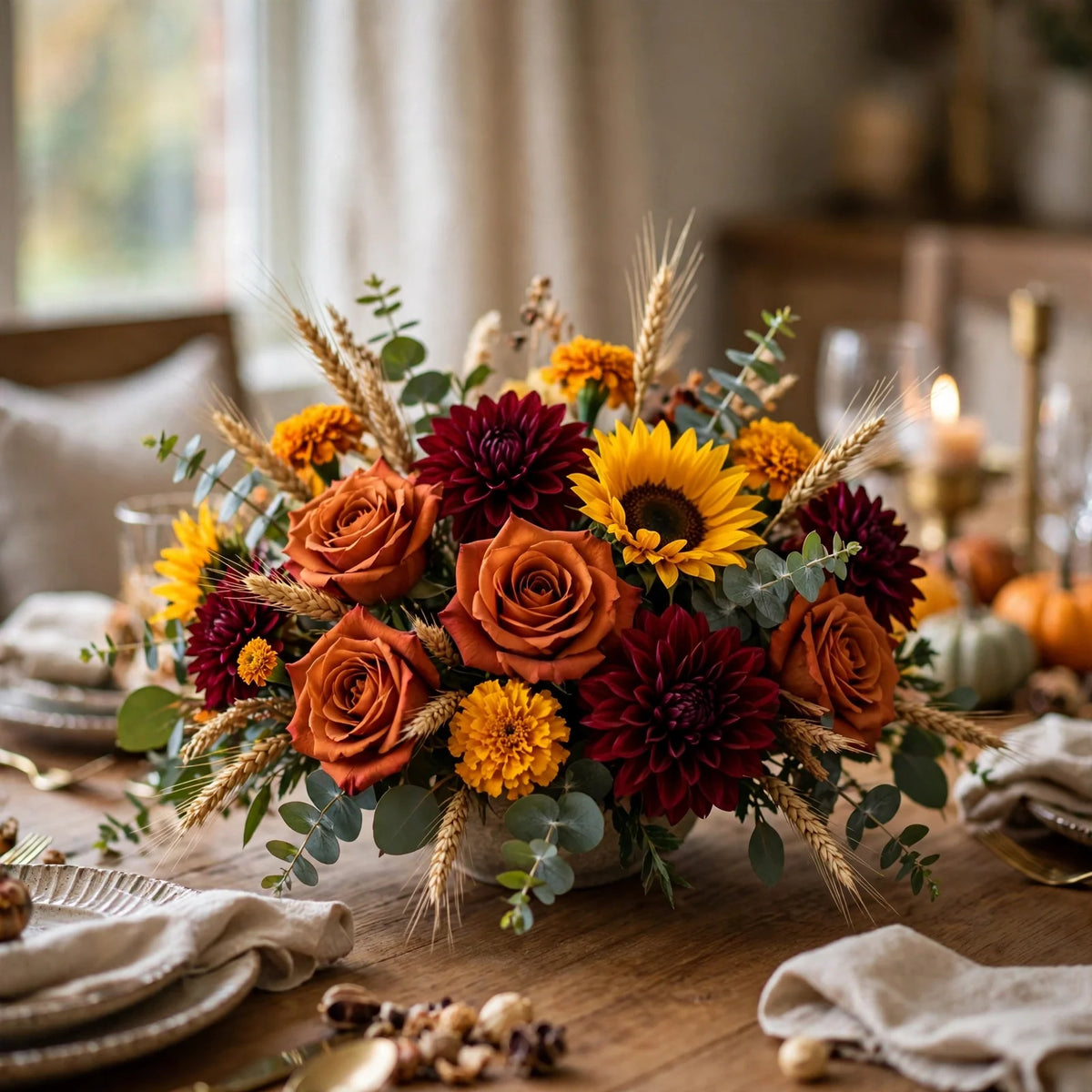 Thanksgiving flower centerpiece with burnt-orange roses, burgundy dahlias and sunflowers
