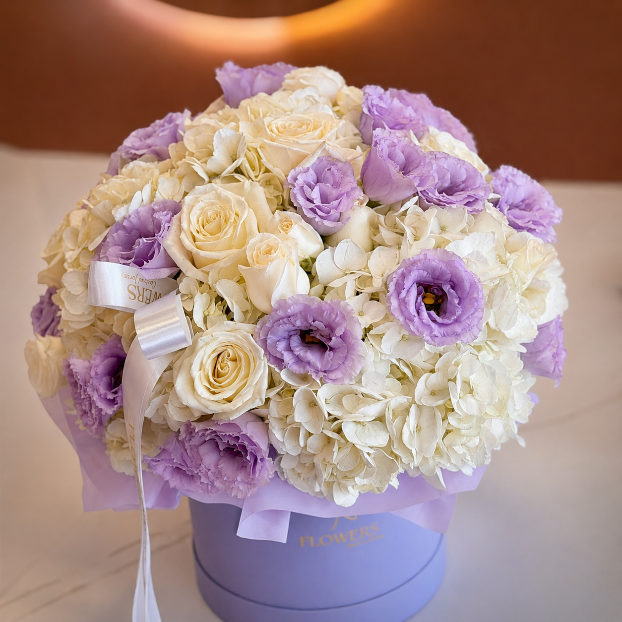 ALESSANDRA White Hydrangea, Roses & Lavender lisianthus Flower Box