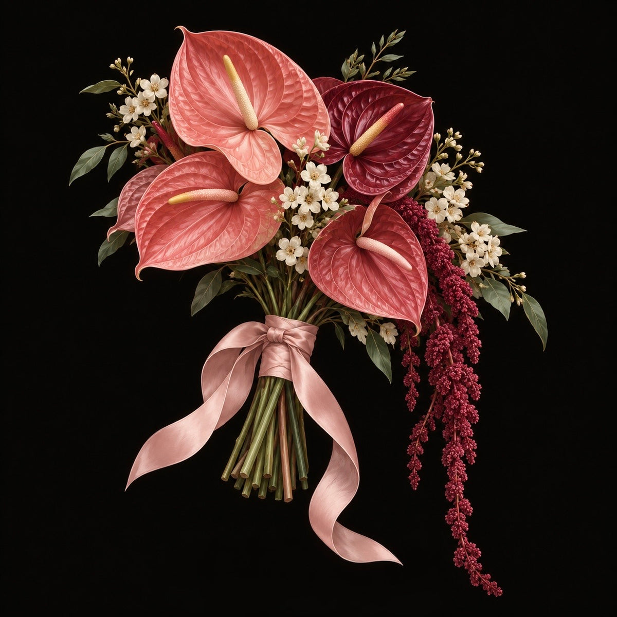 Custom bridal bouquet with pink anthuriums and satin ribbon — preorder only