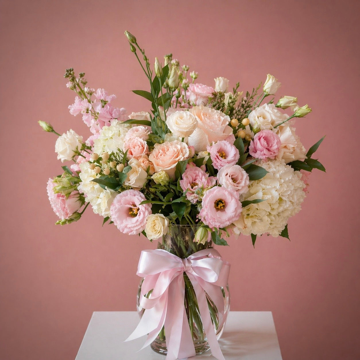 ANGELIQUE Pink Lisianthus & White Hydrangea Signature Vase