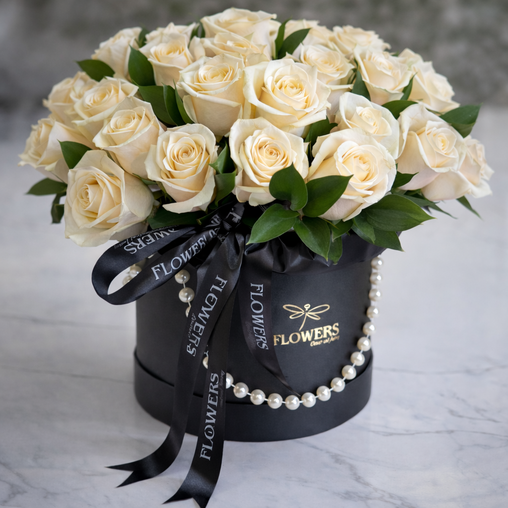 ANGELA White Roses & Greens Flower Box