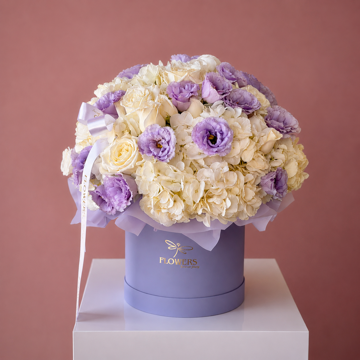 ALESSANDRA White Hydrangea, Roses & Lavender lisianthus Flower Box