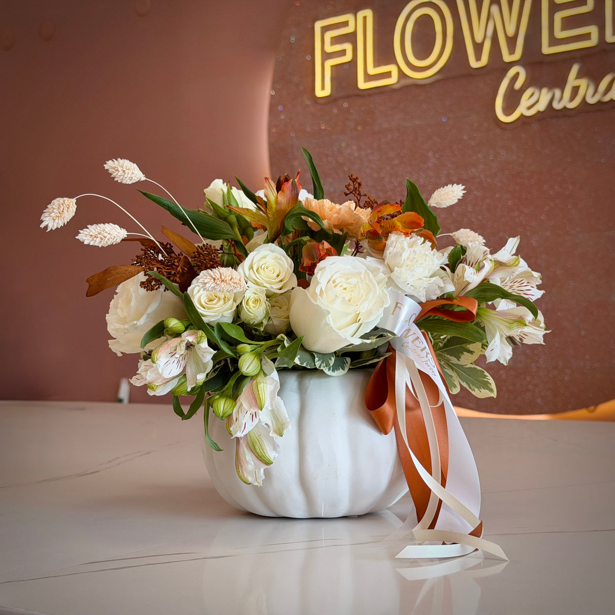 Fall Pumpkin Cloud White & Orange Flower Arrangement in Vase