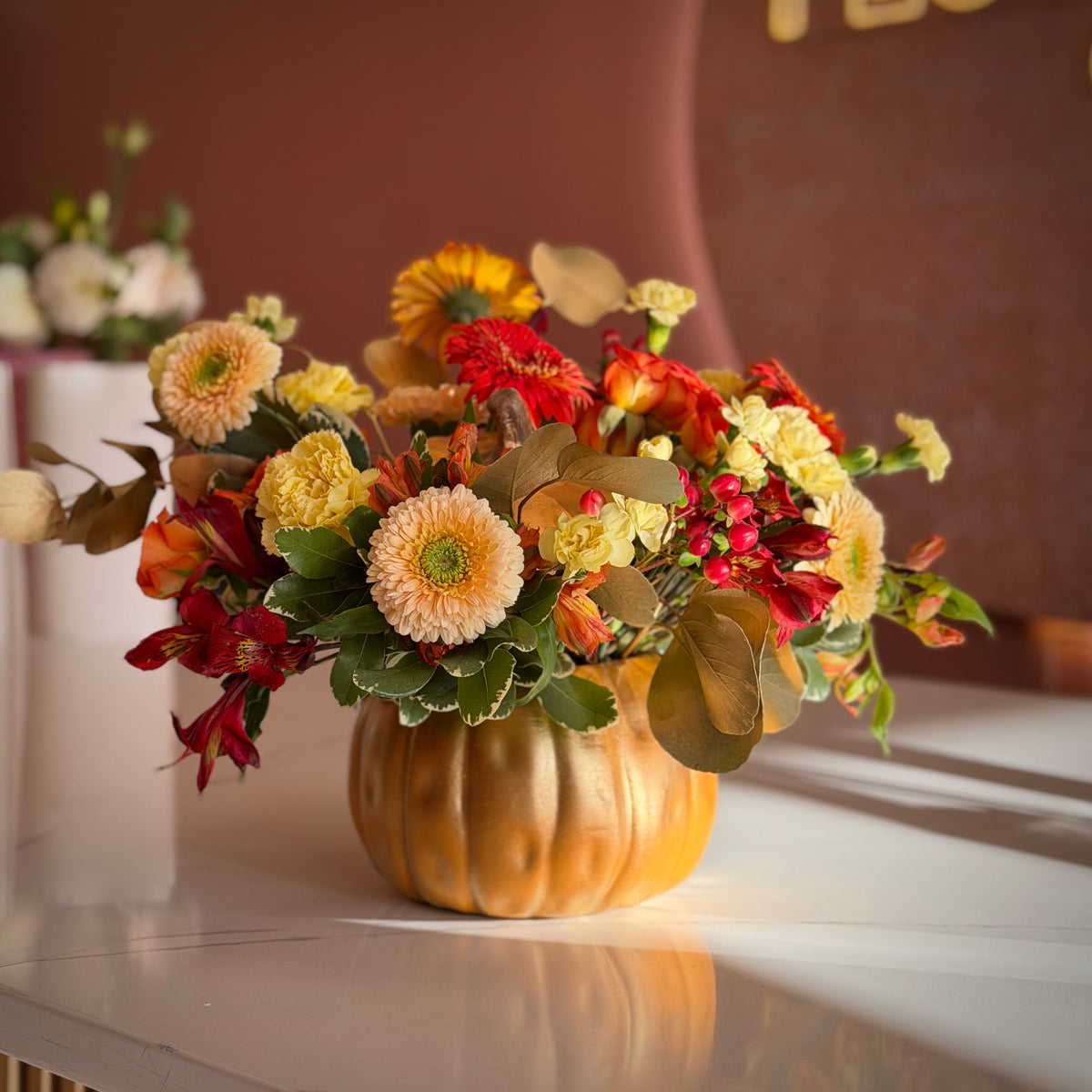Golden Pumpkin Yellow & Red Arrangement in Vase