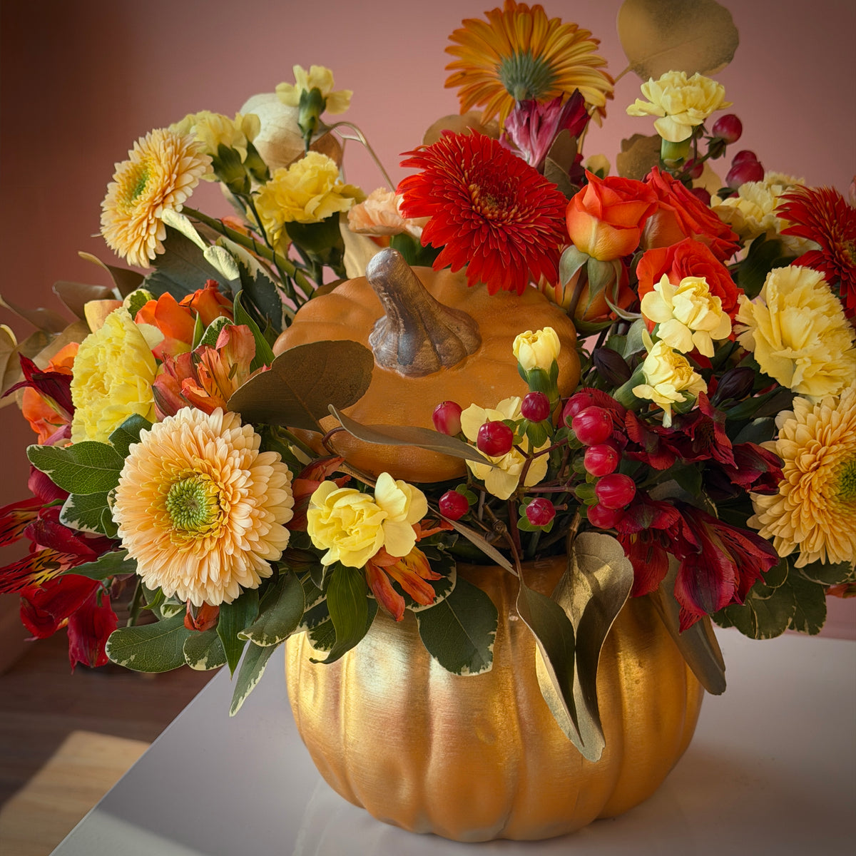 Golden Pumpkin Yellow & Red Arrangement in Vase