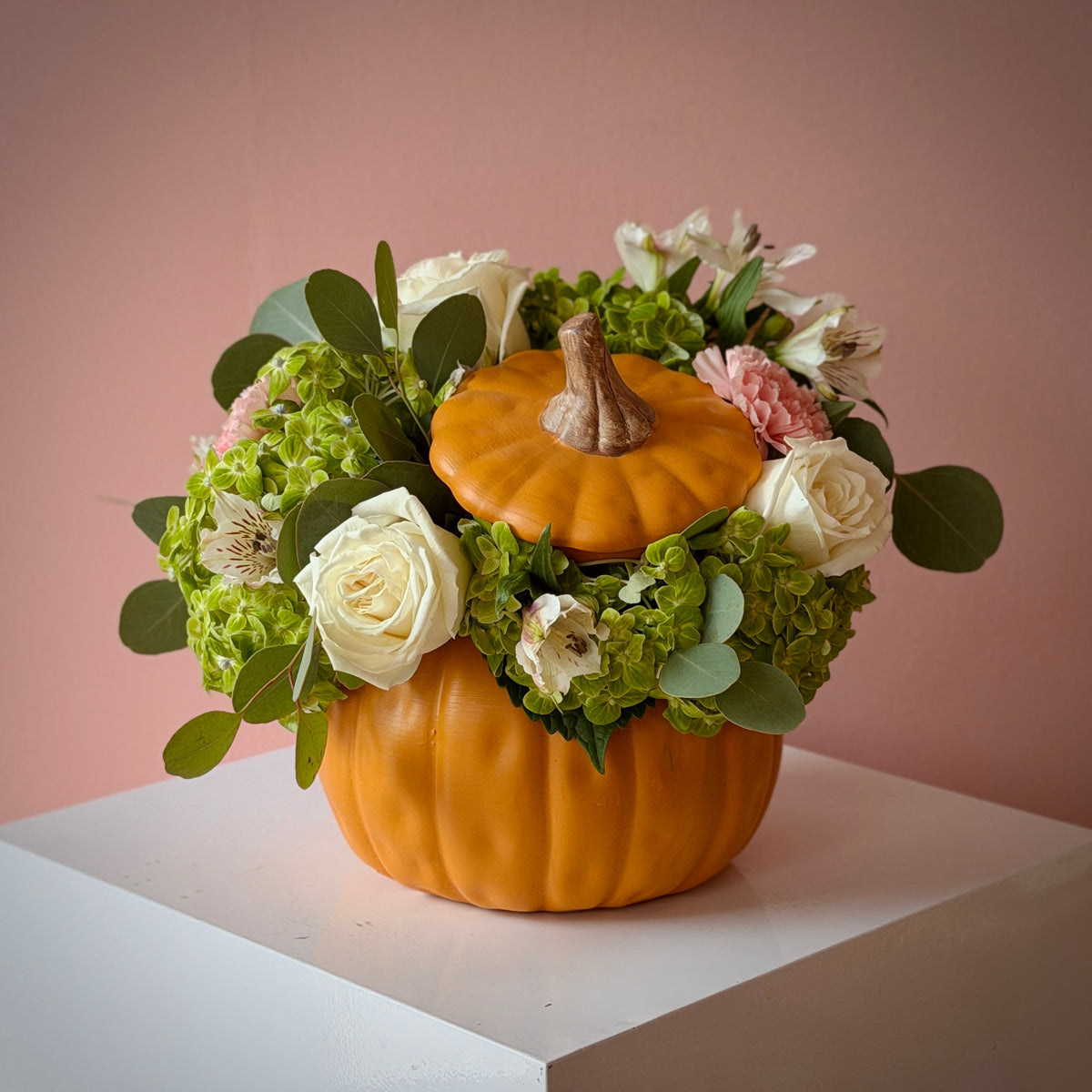 Cozy Pumpkin Green & White Arrangement in Vase