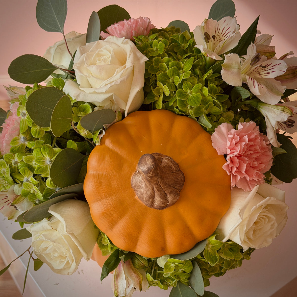Cozy Pumpkin Green & White Arrangement in Vase