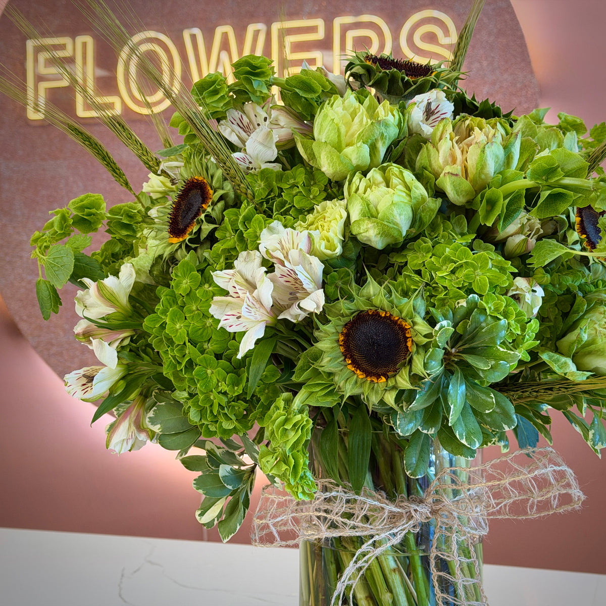 FIONA Green Helianthus & Bells Of Ireland Signature Vase