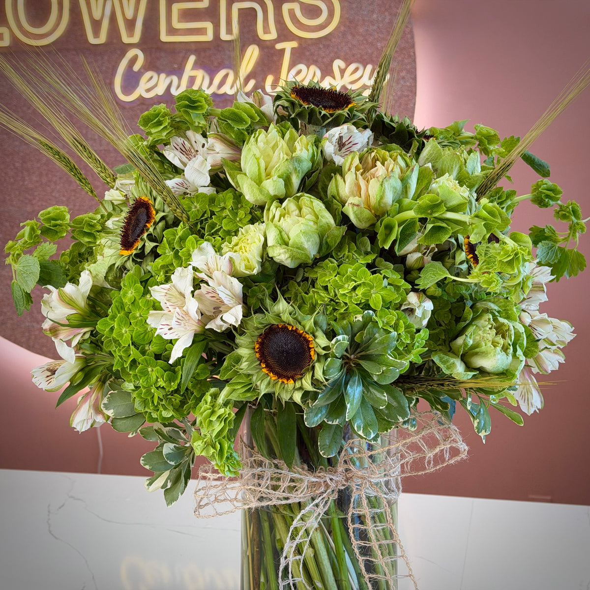 FIONA Green Helianthus & Bells Of Ireland Signature Vase