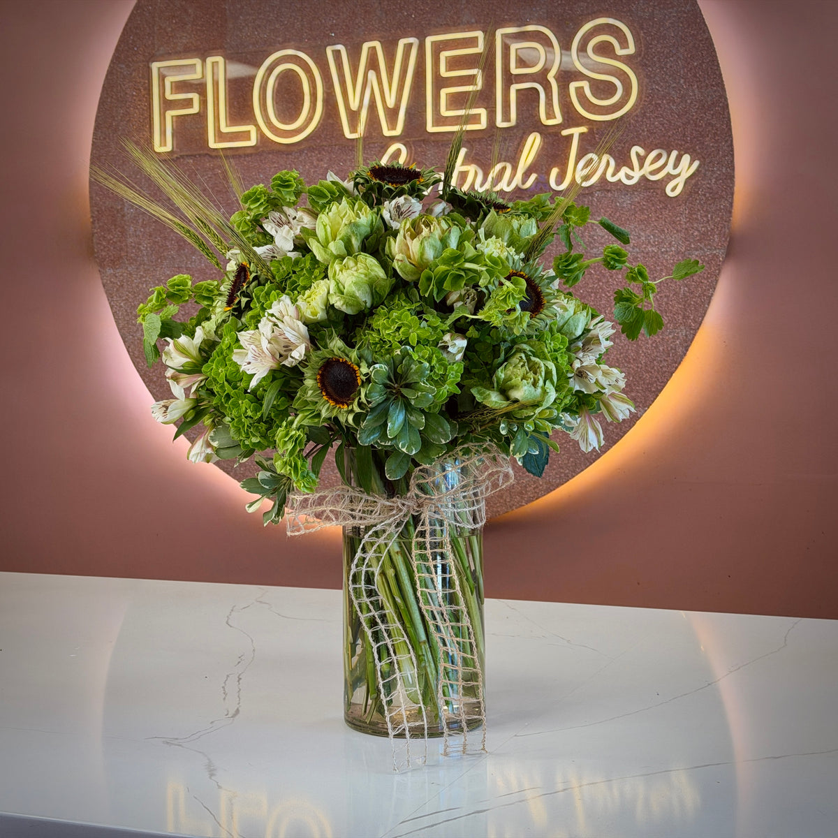 FIONA Green Helianthus & Bells Of Ireland Signature Vase
