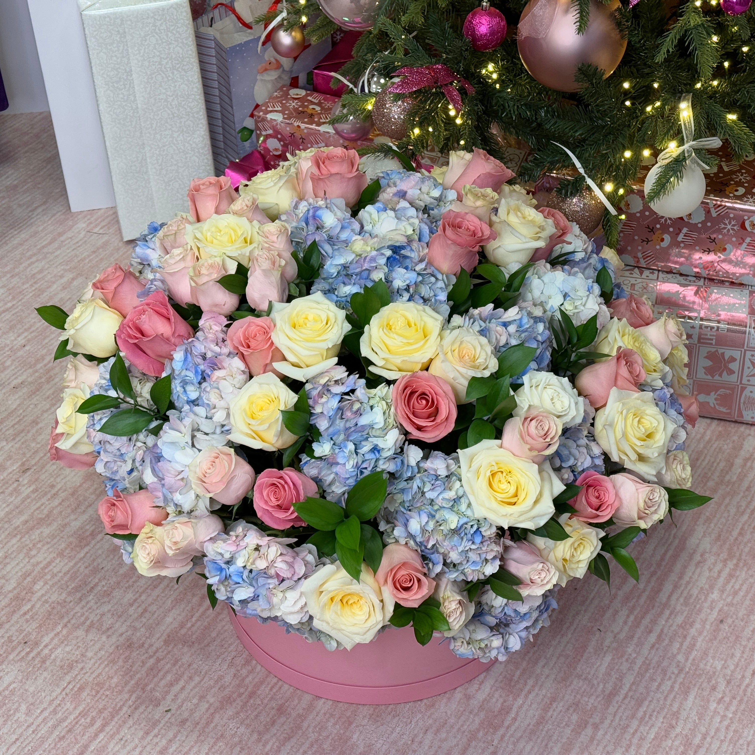 GIANT COTTON CANDY Pink, Cream Roses & Blue Lavender Hydrangea Flower Box