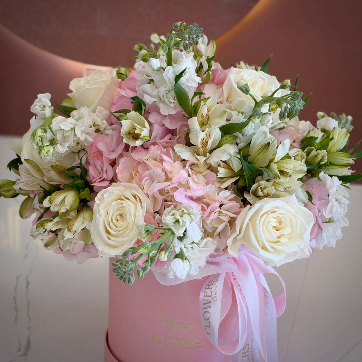 ANITA Pink Hydrangea White Roses & Stock Flower Box