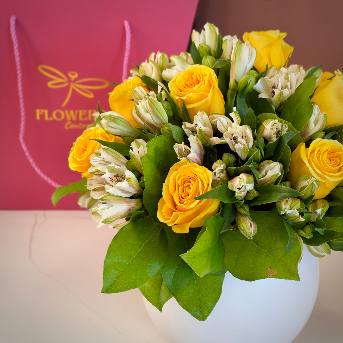 KARRIE ANN Yellow Roses and Alstroemeria Signature Vase