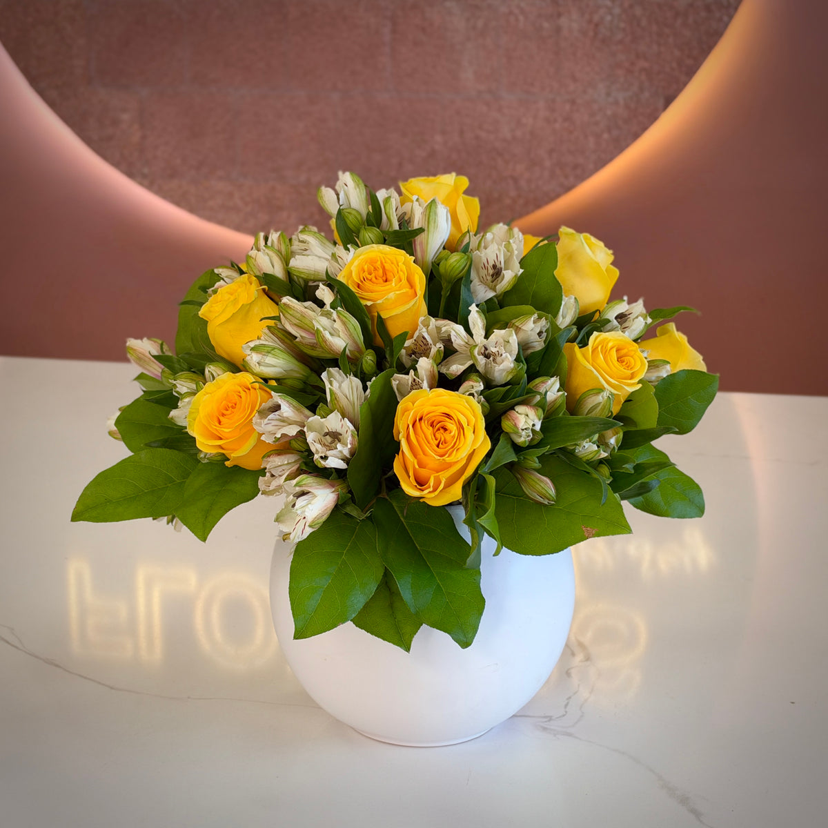 KARRIE ANN Yellow Roses and Alstroemeria Signature Vase