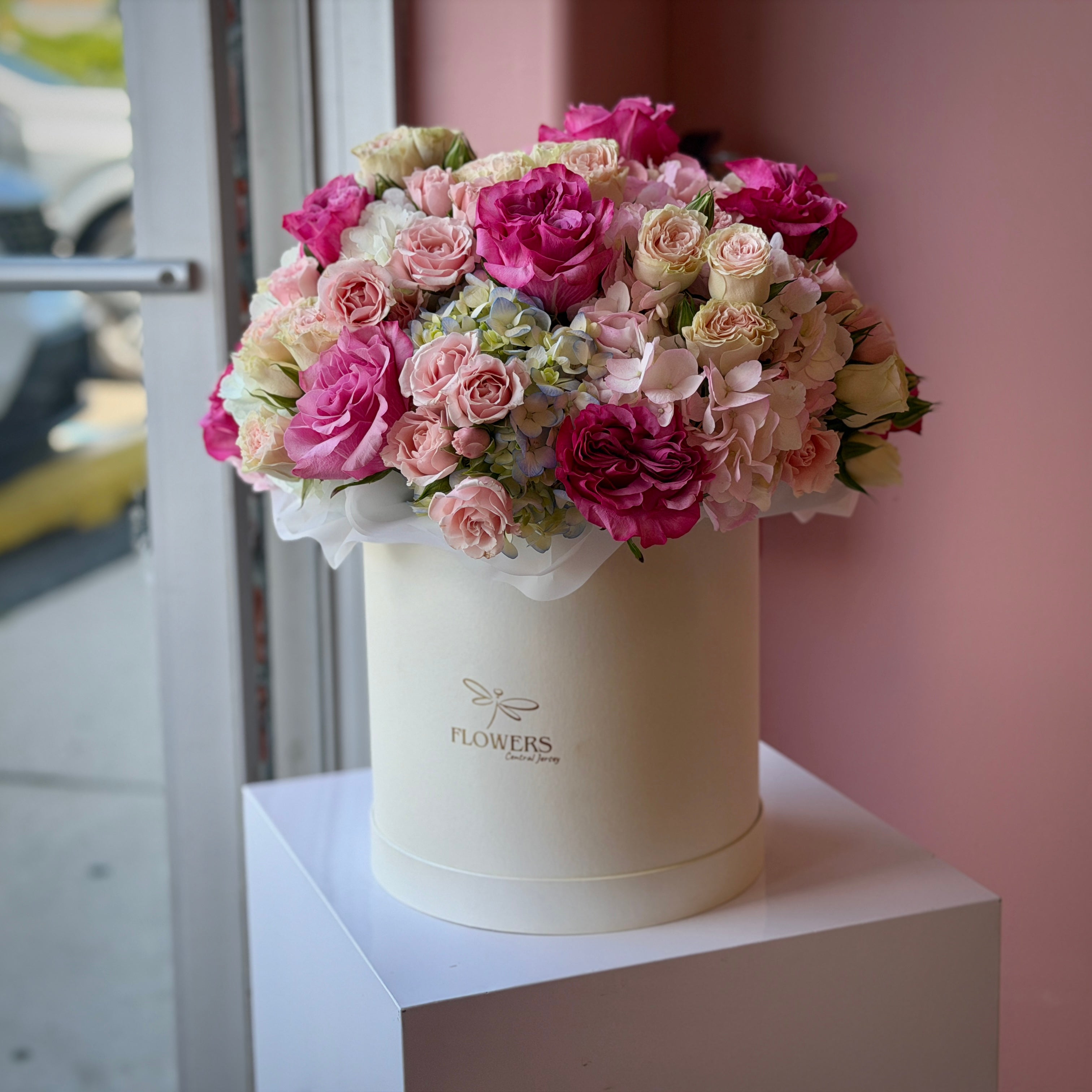 GABRIELLE Purple & Pink Roses with Hydrangea Flower Box