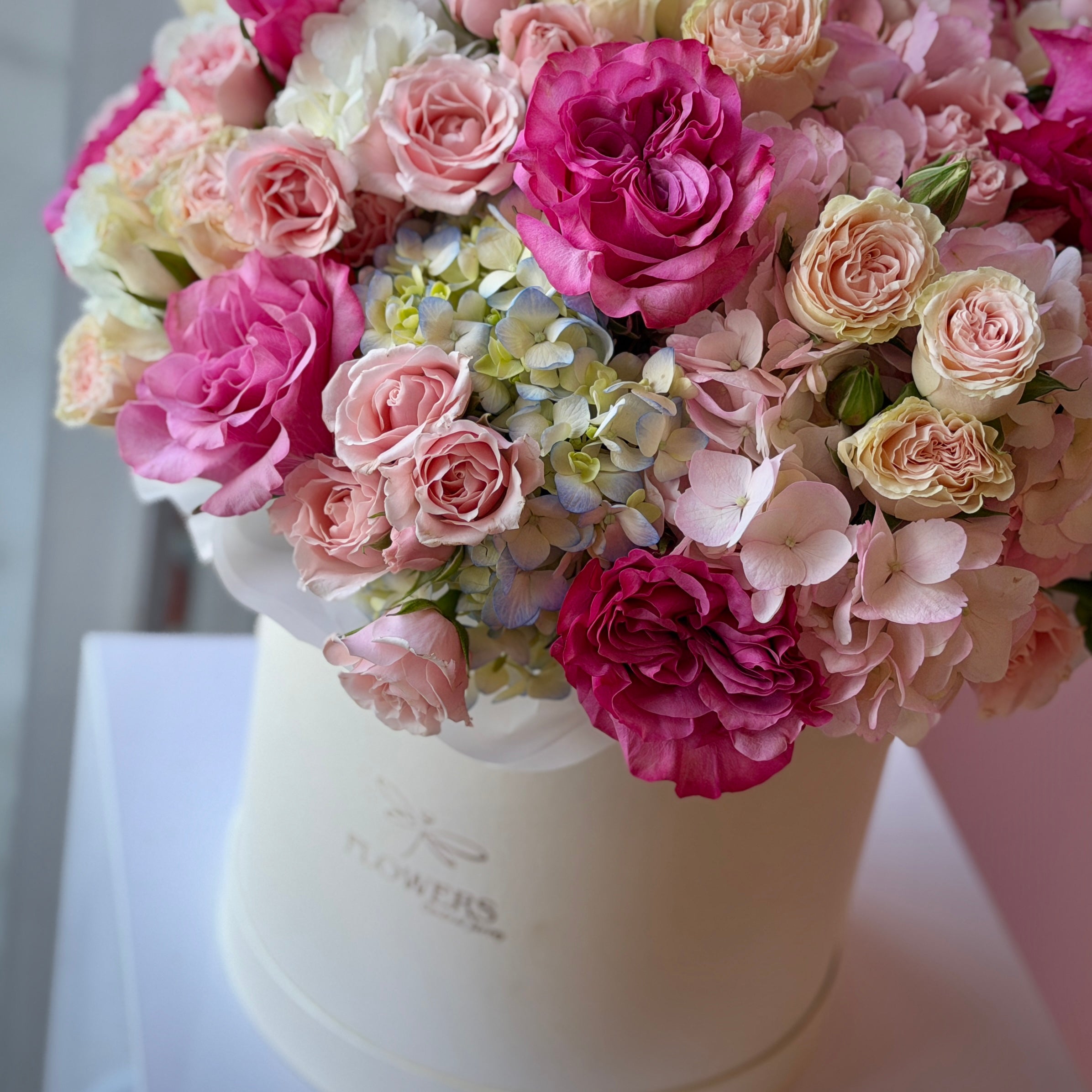 GABRIELLE Purple & Pink Roses with Hydrangea Flower Box