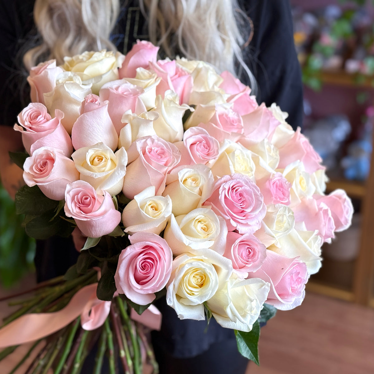 White and Light Pink Long-Stem Roses Bouquet with pink ribbon