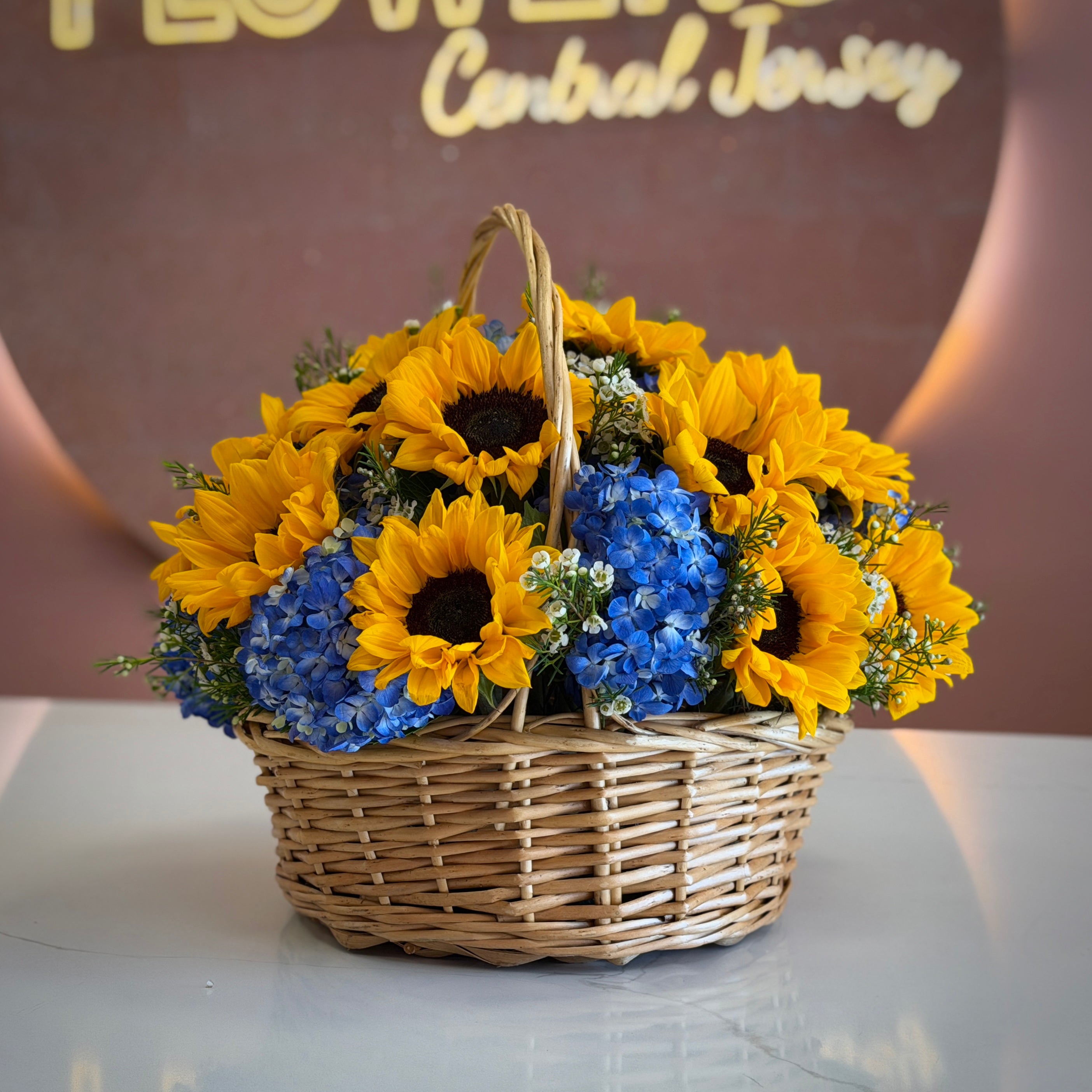 MAYA Sunflowers & Blue Hydrangea Flower Basket