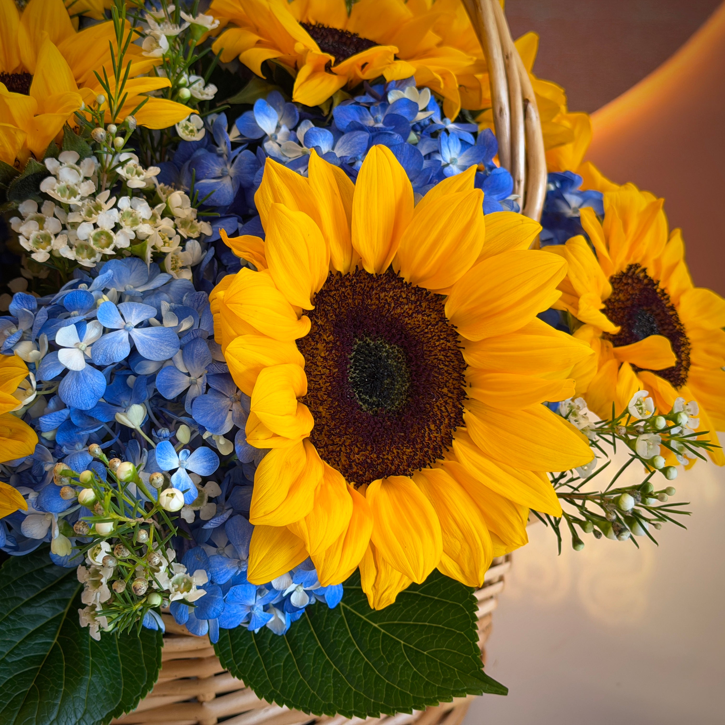 MAYA Sunflowers & Blue Hydrangea Flower Basket