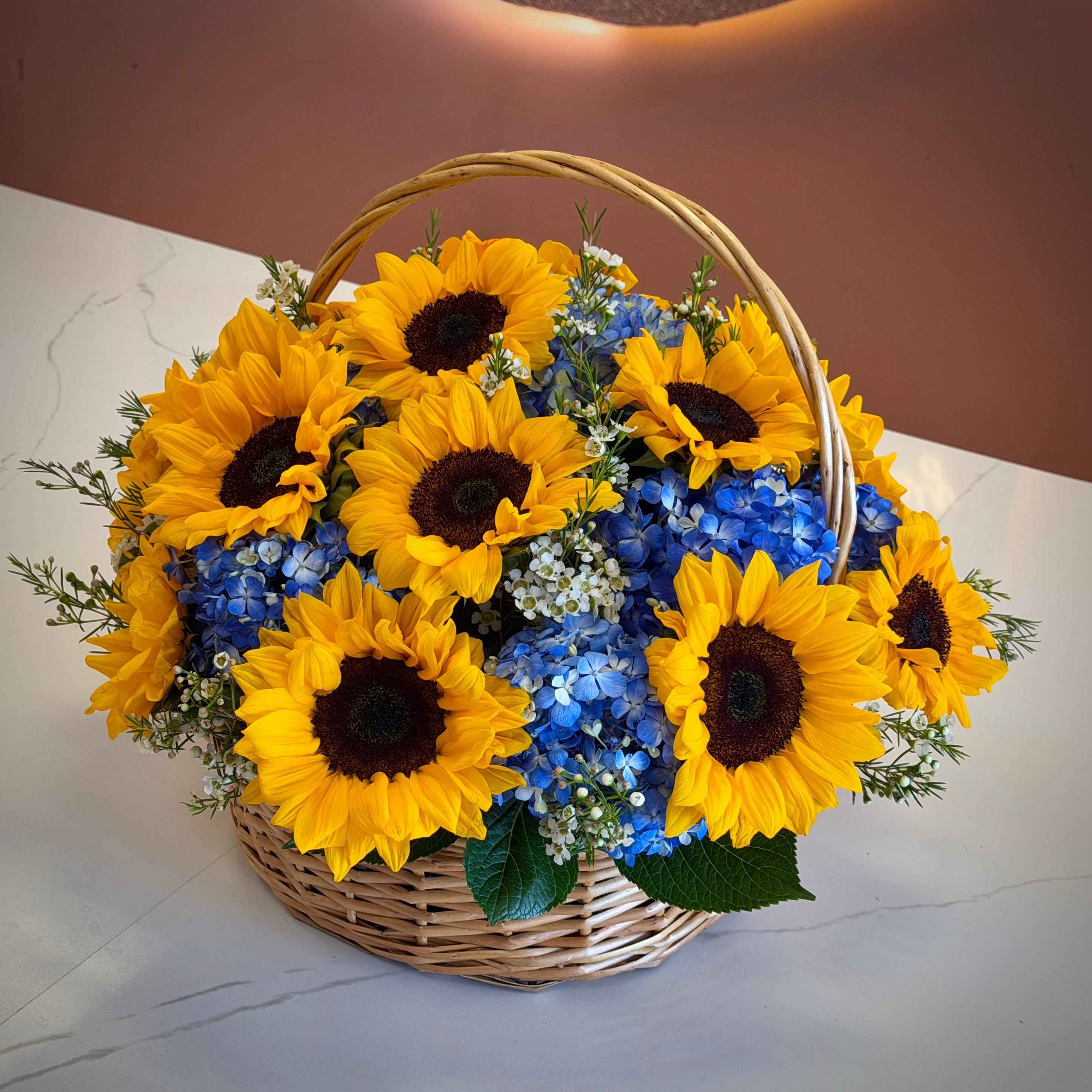 MAYA Sunflowers & Blue Hydrangea Flower Basket