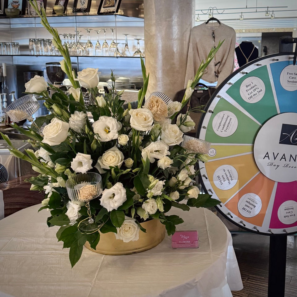 White floral arrangement by FLOWERS Central Jersey at Avanti Day Resort's End of Summer White Party, Manalapan NJ