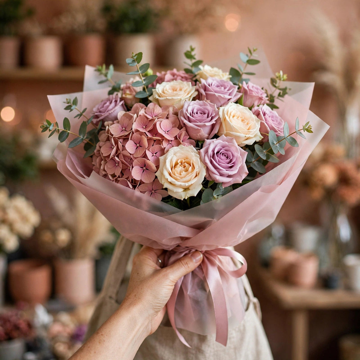 Lush pastel bouquet of pink hydrangeas, cream garden roses and lavender roses held by a florist — the perfect flower gift for any occasion, FLOWERS Central Jersey