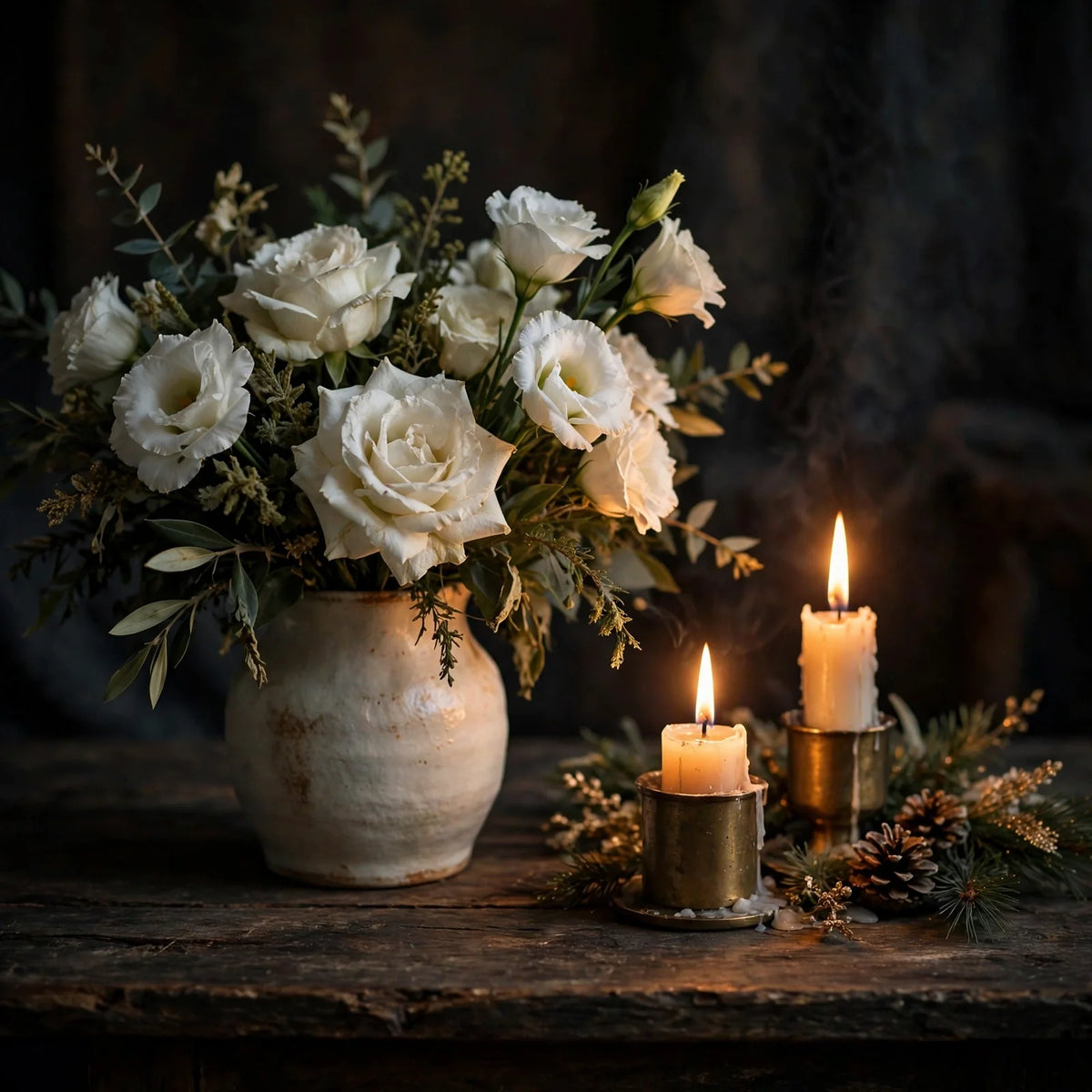 White roses and lisianthus with lit candles — Yom Kippur greeting from FLOWERS Central Jersey, Manalapan NJ