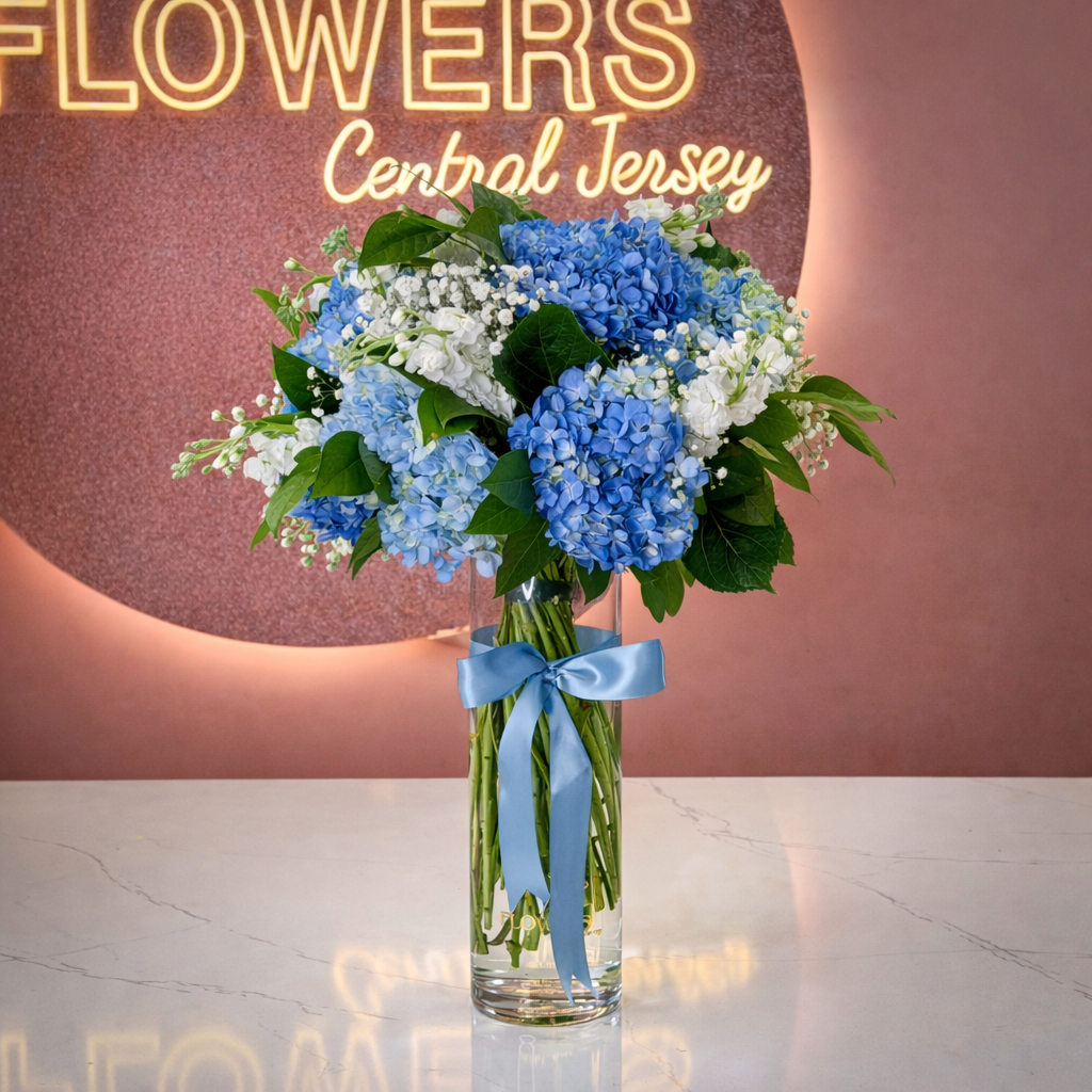 CLAUDIA Blue Hydrangea & White Stock Signature Vase
