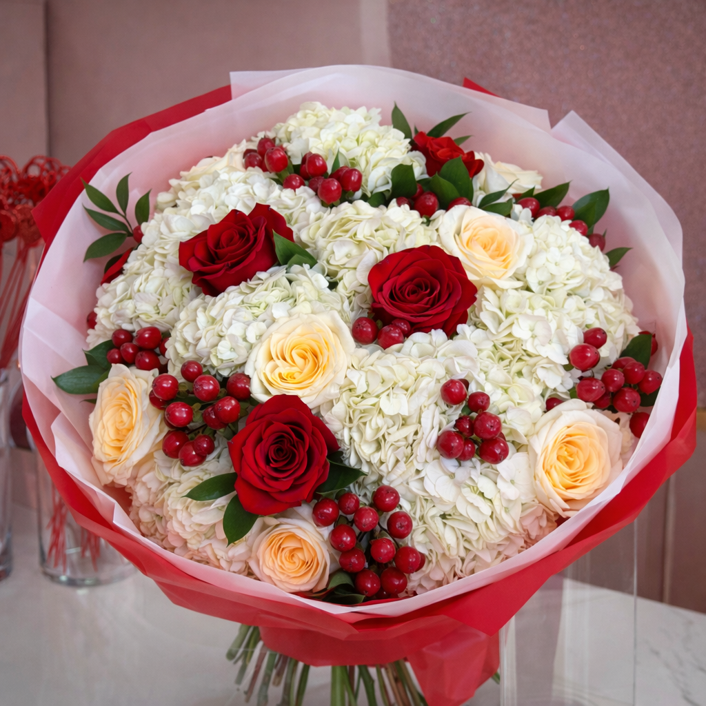 ANORA Red Roses & White Hydrangea Signature bouquet