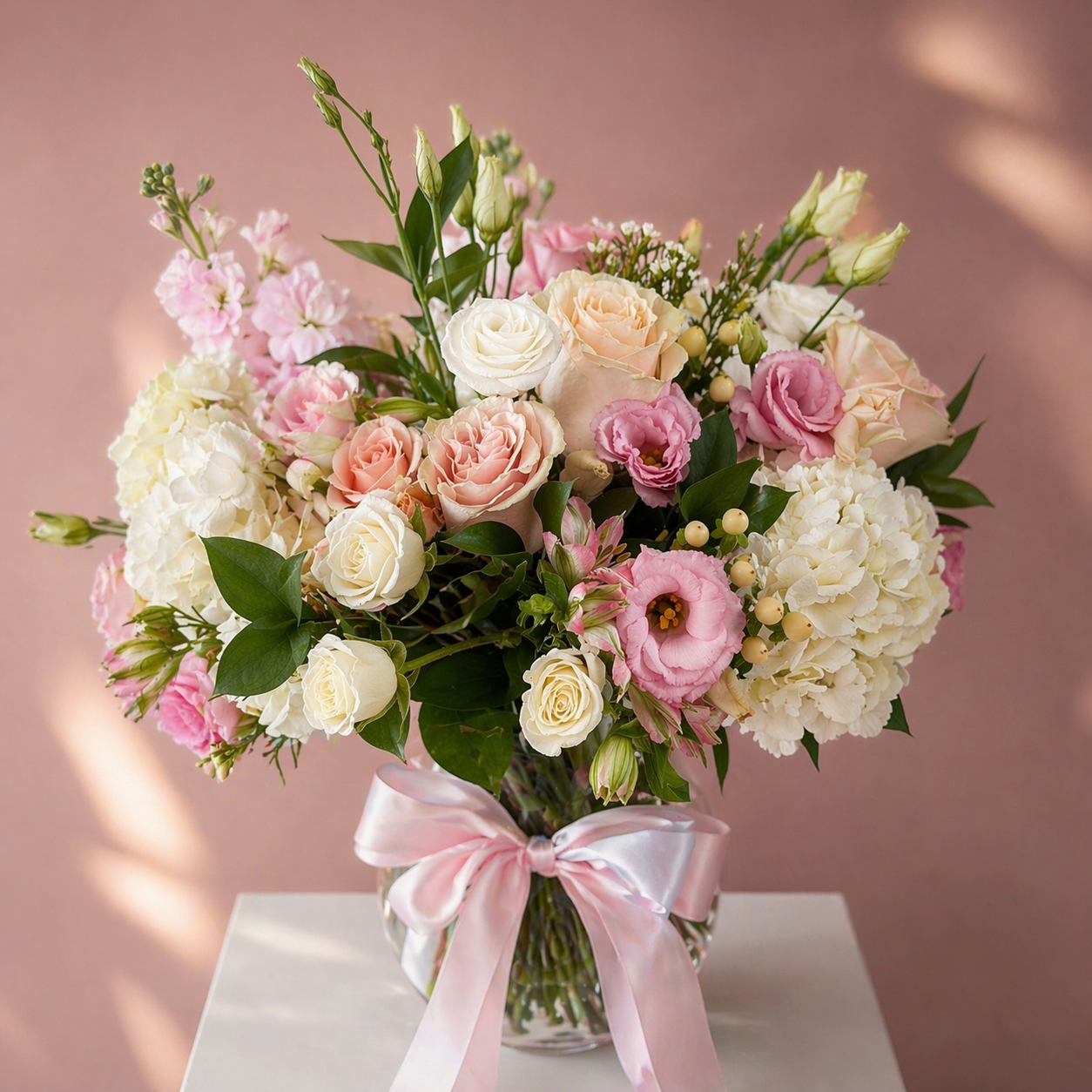 ANGELIQUE Pink Lisianthus & White Hydrangea Signature Vase