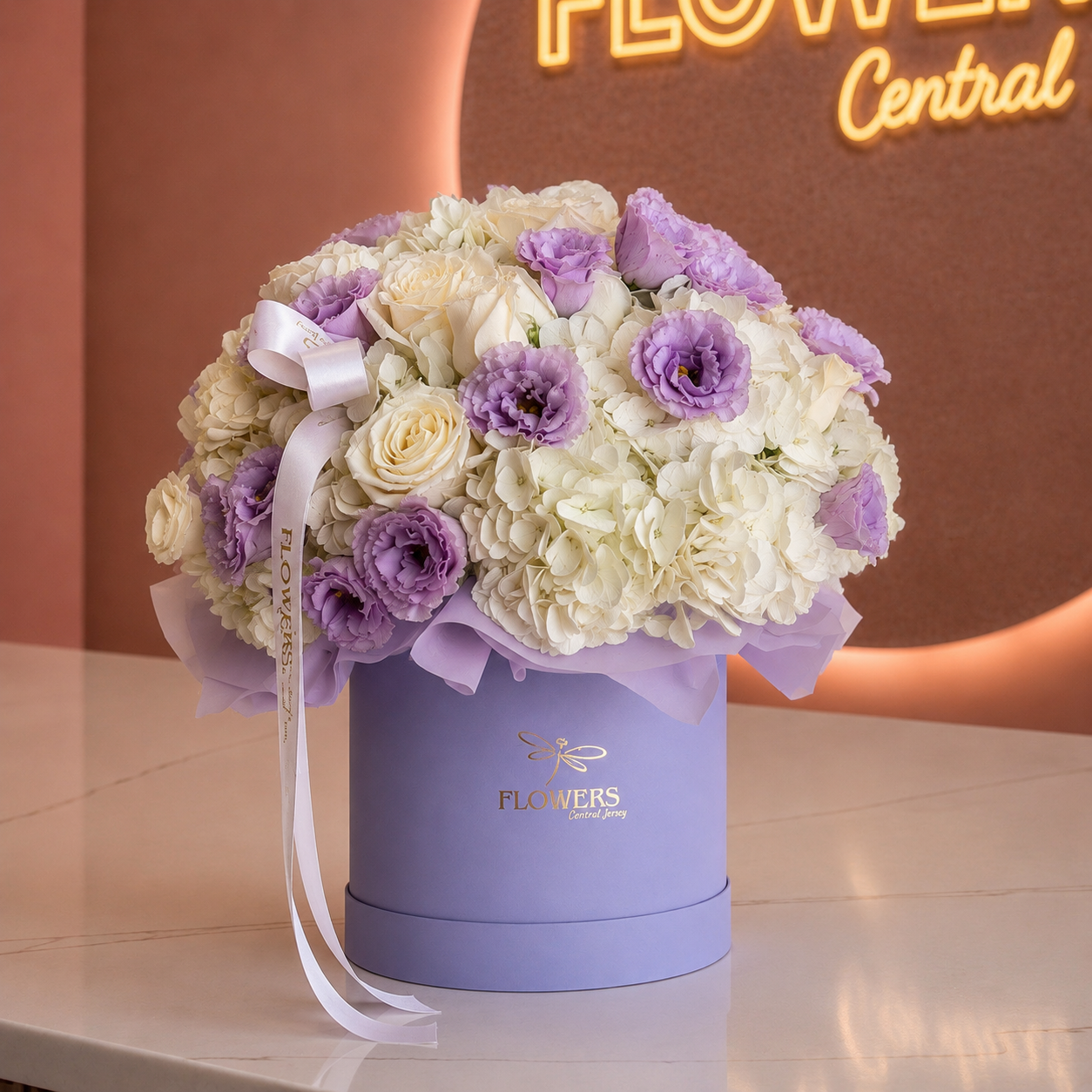 ALESSANDRA White Hydrangea, Roses & Lavender lisianthus Flower Box