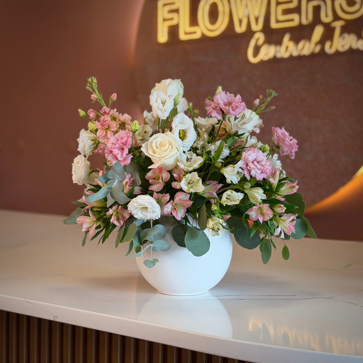 AURORA Pink & White Flowers in Bubble Vase
