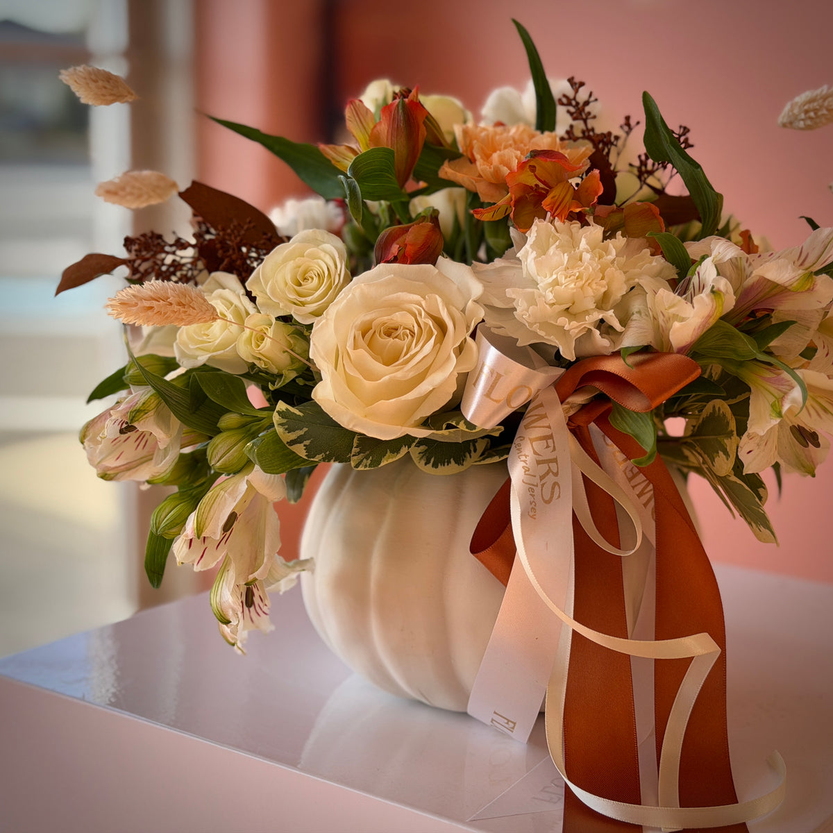 Fall Pumpkin Cloud White & Orange Flower Arrangement in Vase