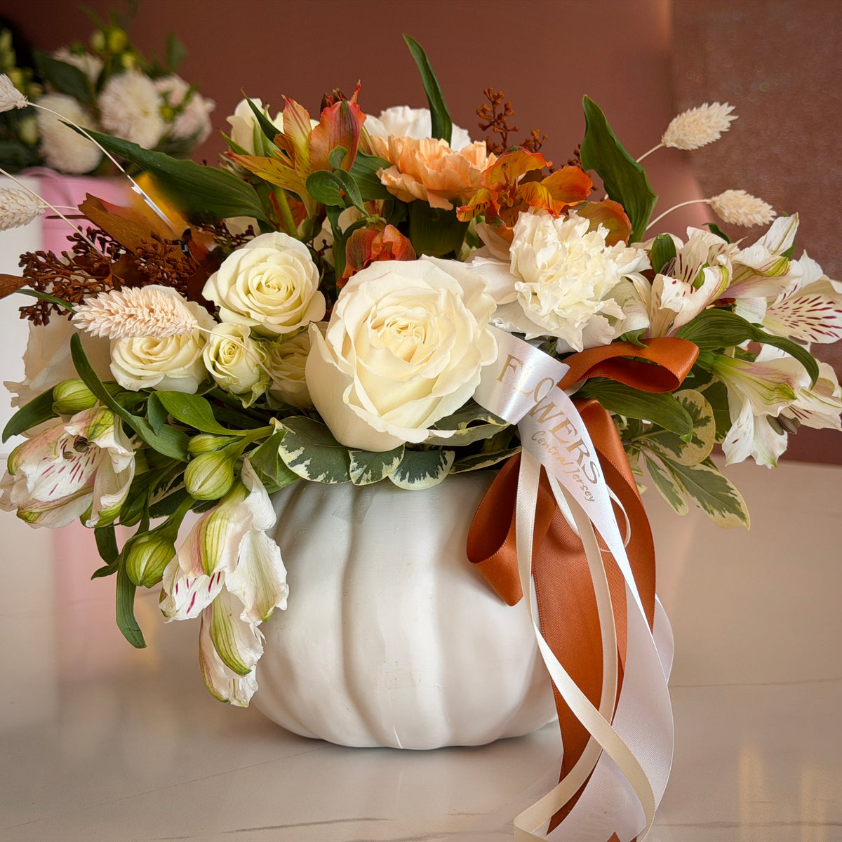 Fall Pumpkin Cloud White & Orange Arrangement in Vase