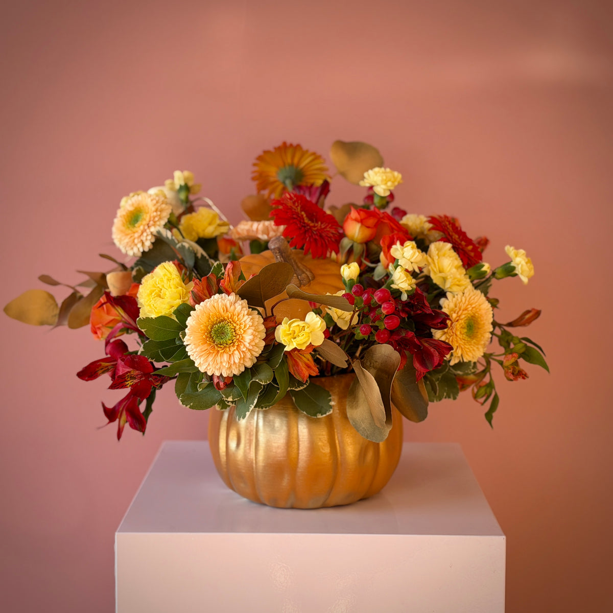 Golden Pumpkin Yellow & Red Arrangement in Vase
