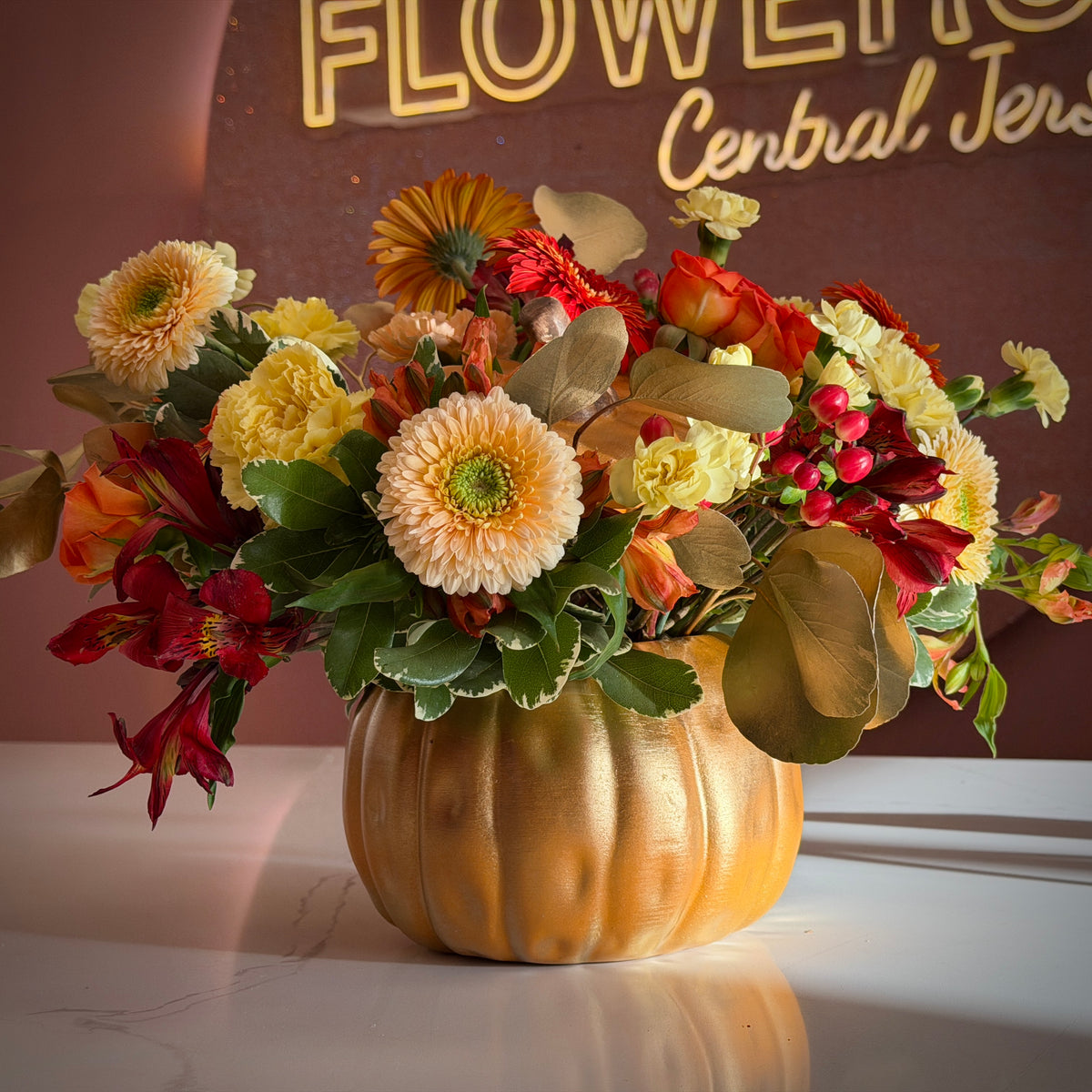 Golden Pumpkin Yellow & Red Arrangement in Vase