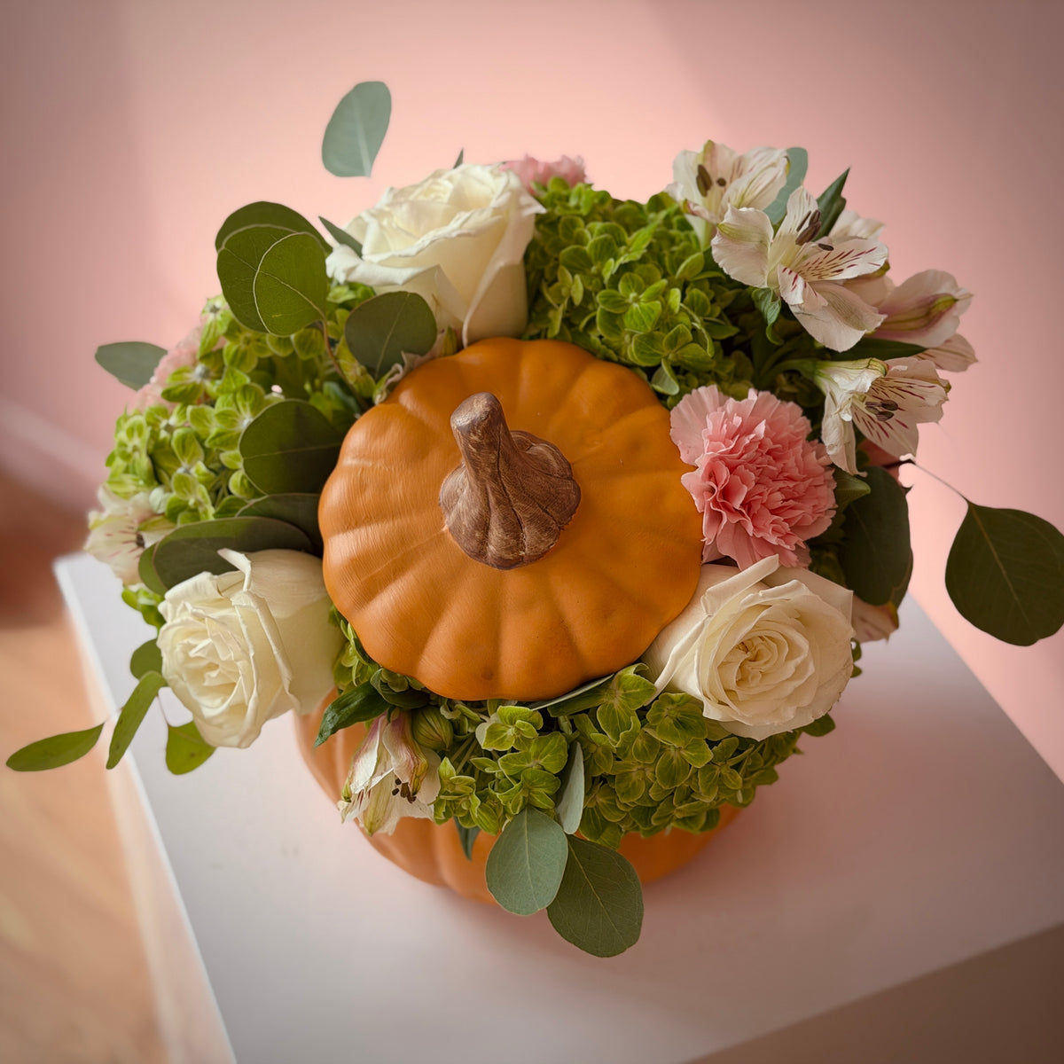 Cozy Pumpkin Green & White Arrangement in Vase