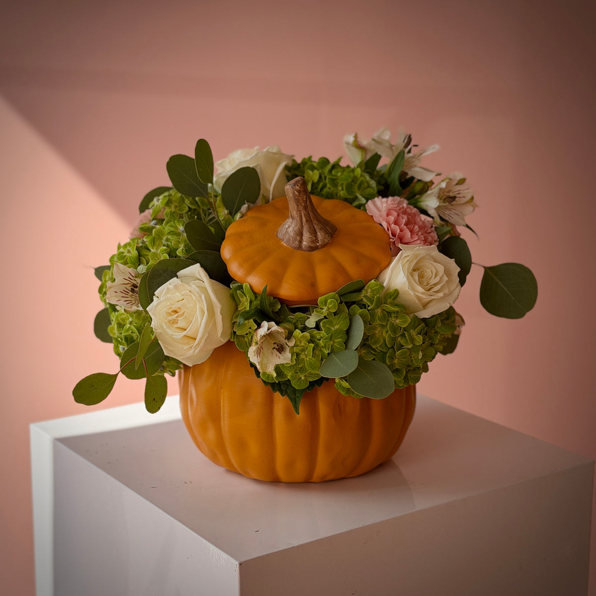Cozy Pumpkin Green & White Arrangement in Vase