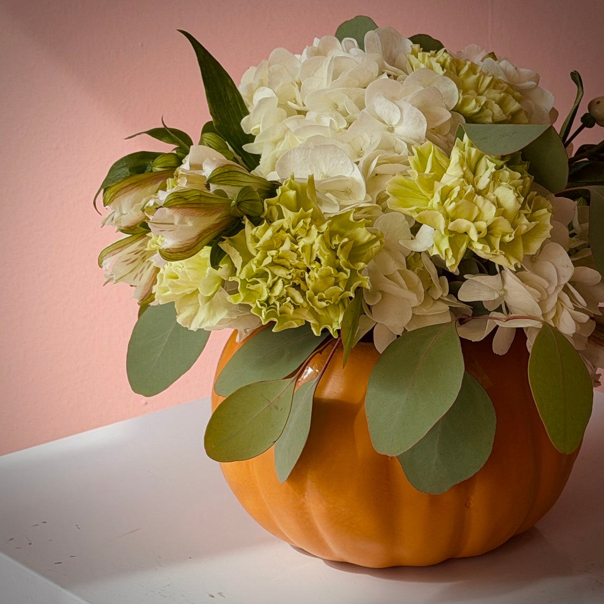 Cutie Pumpkin White & Green Arrangement in Vase