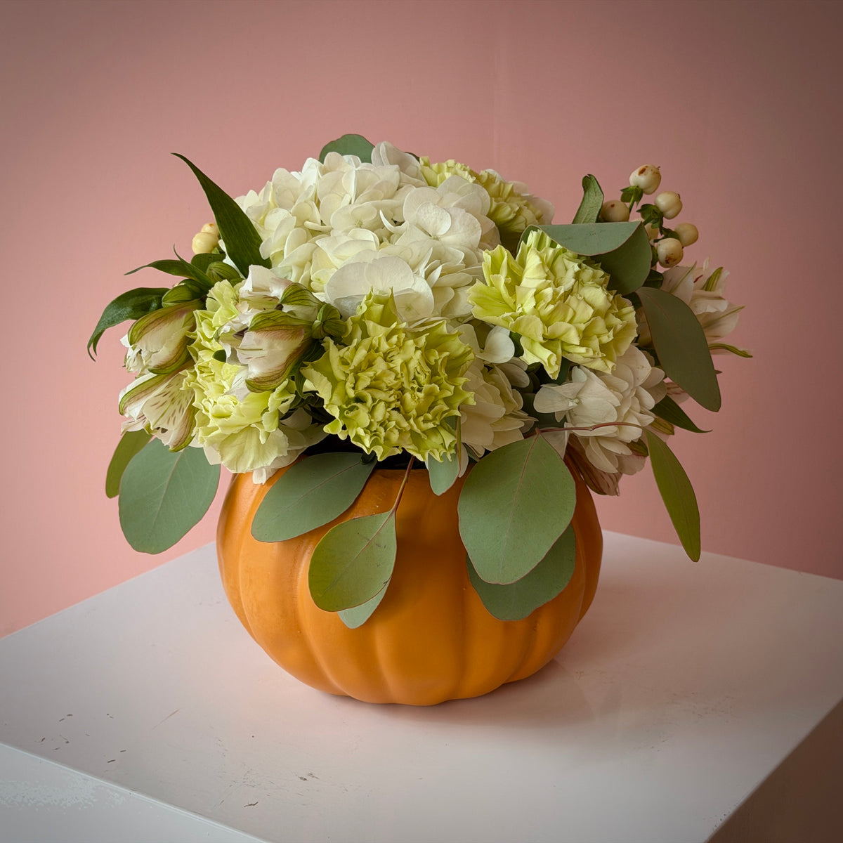 Cutie Pumpkin White & Green Arrangement in Vase
