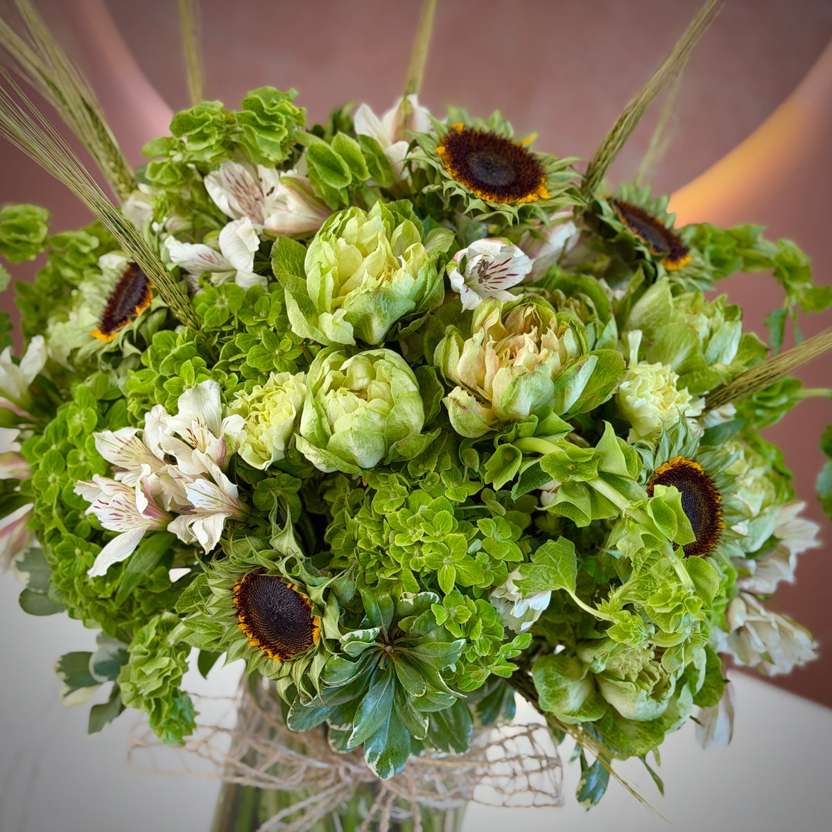 FIONA Green Helianthus & Bells Of Ireland Signature Vase