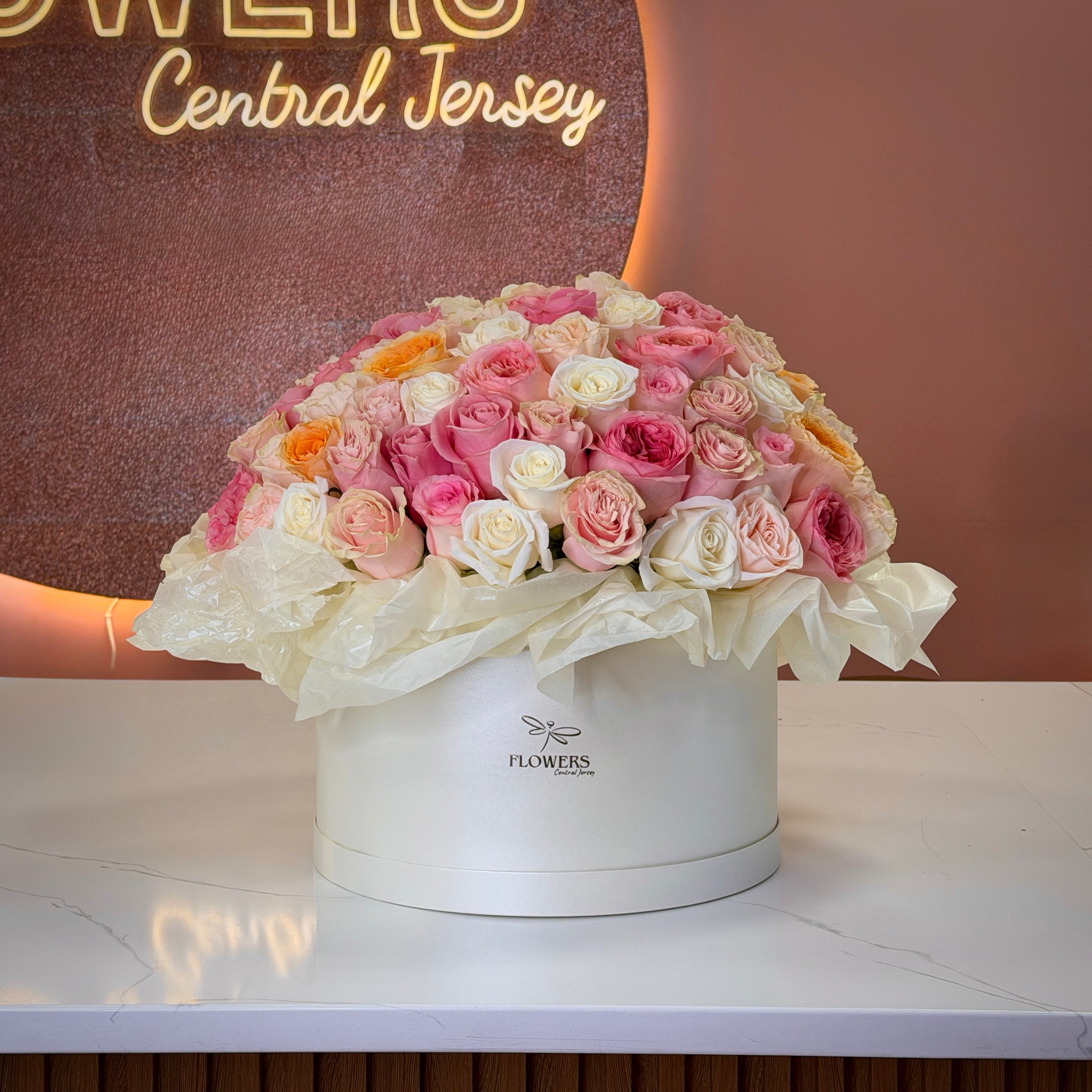 GIANT Pink, Cream & Peach  Roses Flower Box