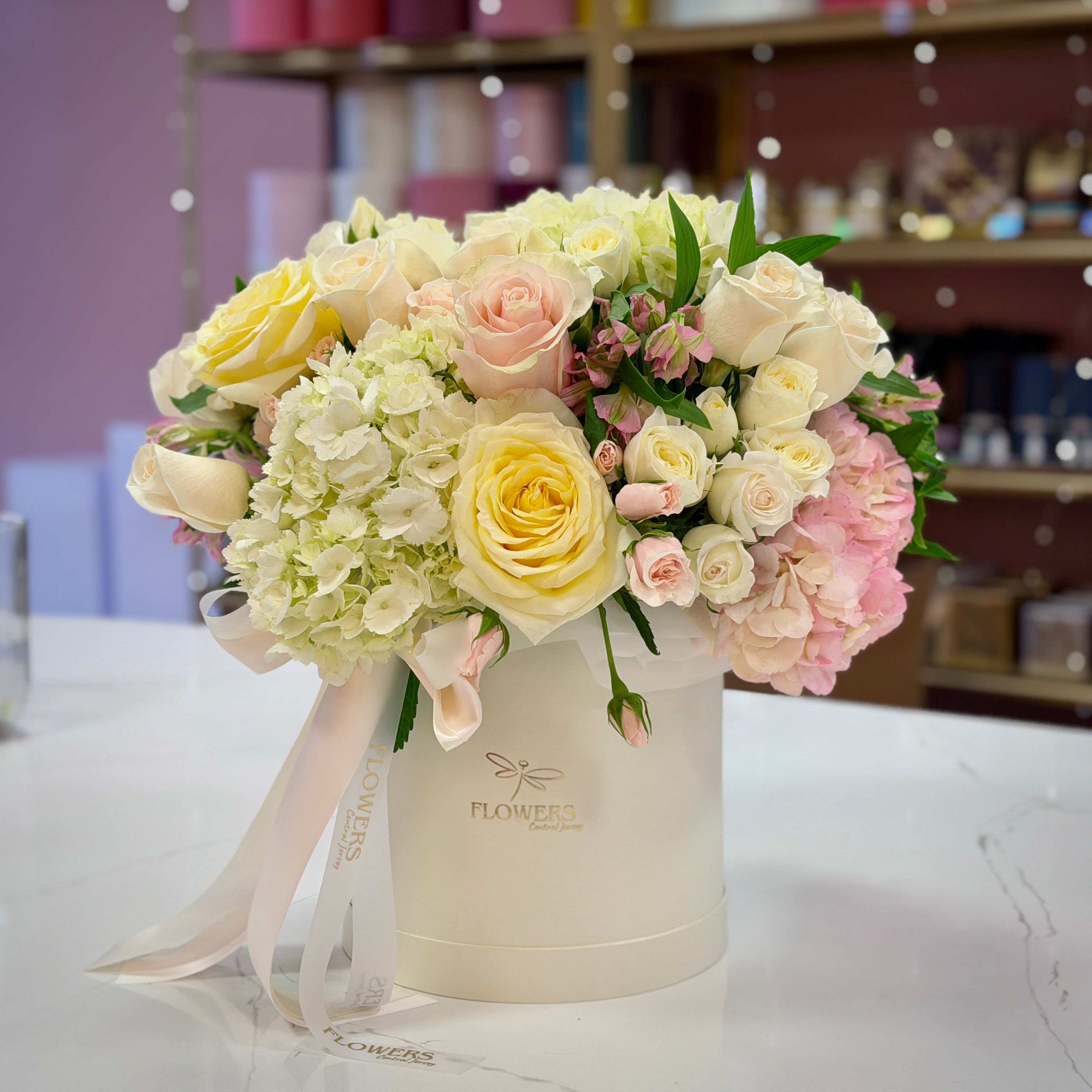 MARINA Soft Pink Roses & White Hydrangea Flower Box