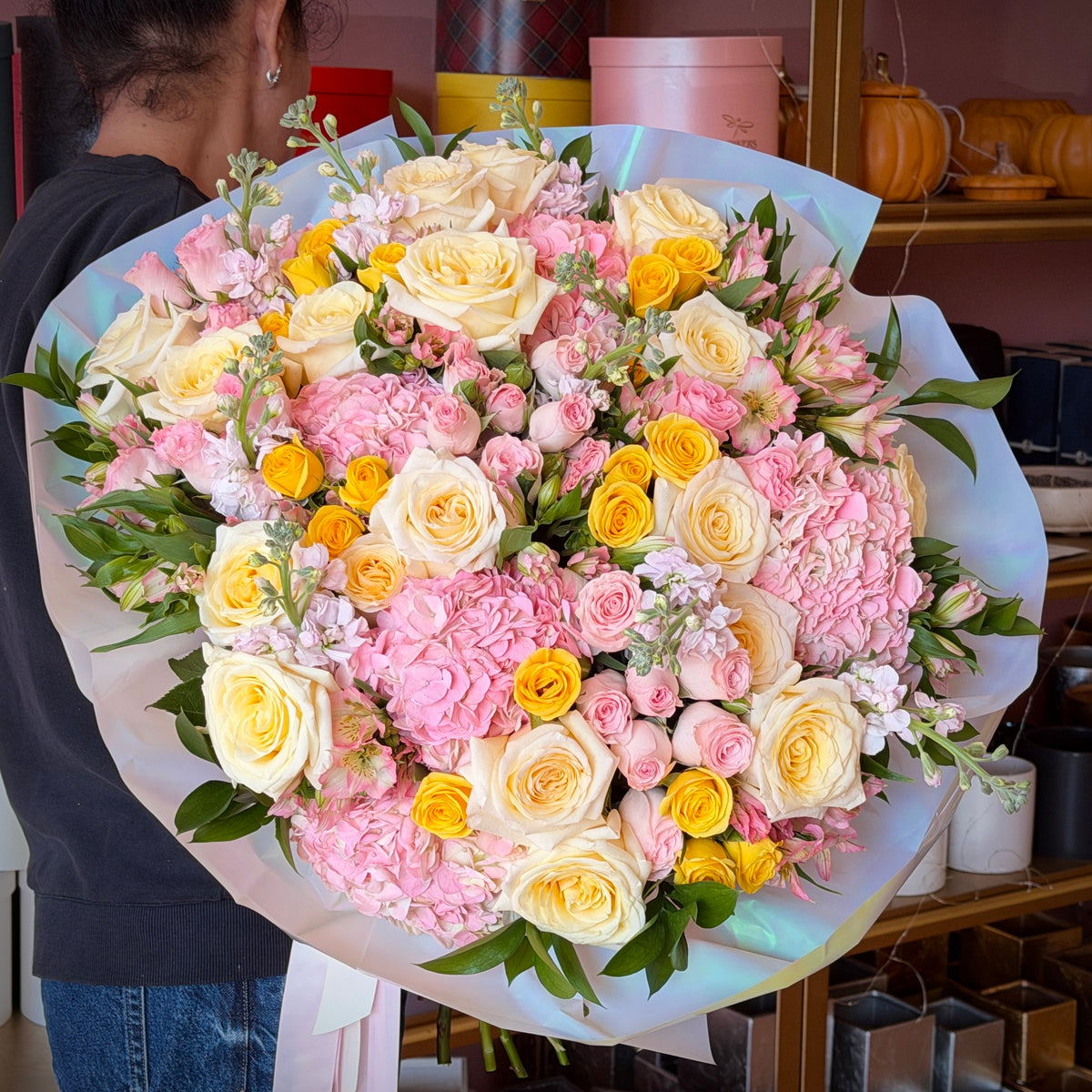 ANNA MARIA Pink Hydrangea, Yellow & Cream Roses Signature Bouquet