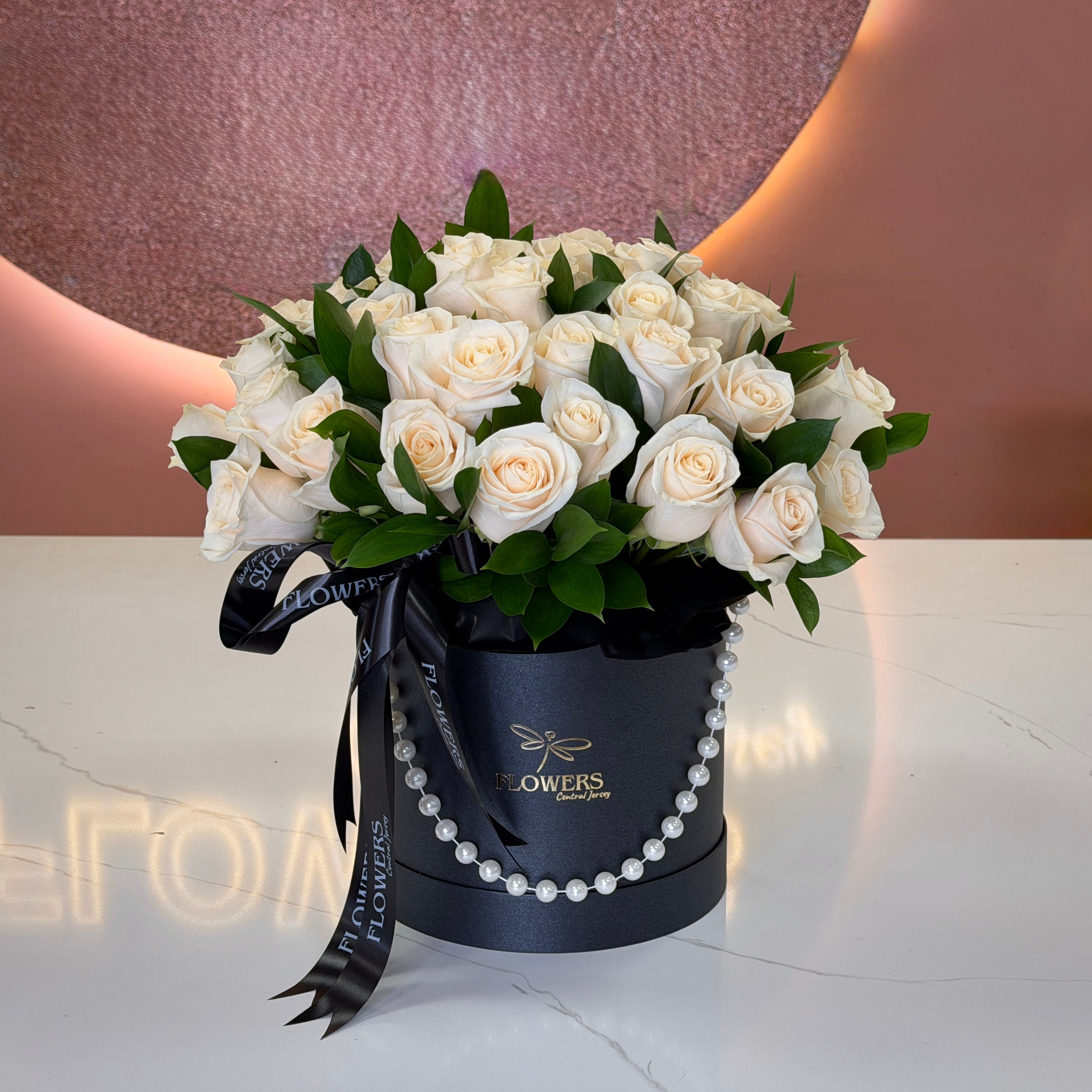 ANGELA White Roses & Greens Flower Box