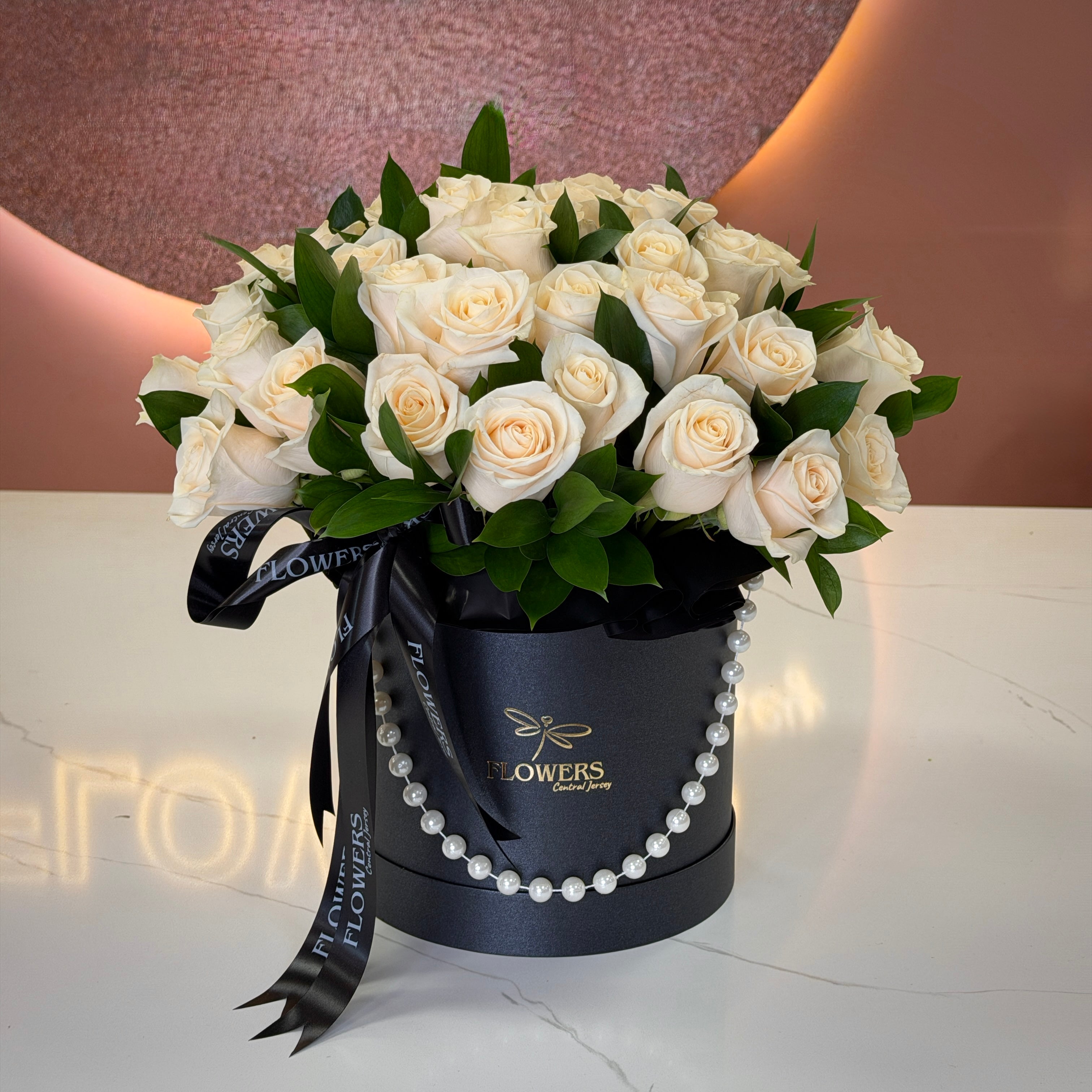ANGELA White Roses & Greens Flower Box