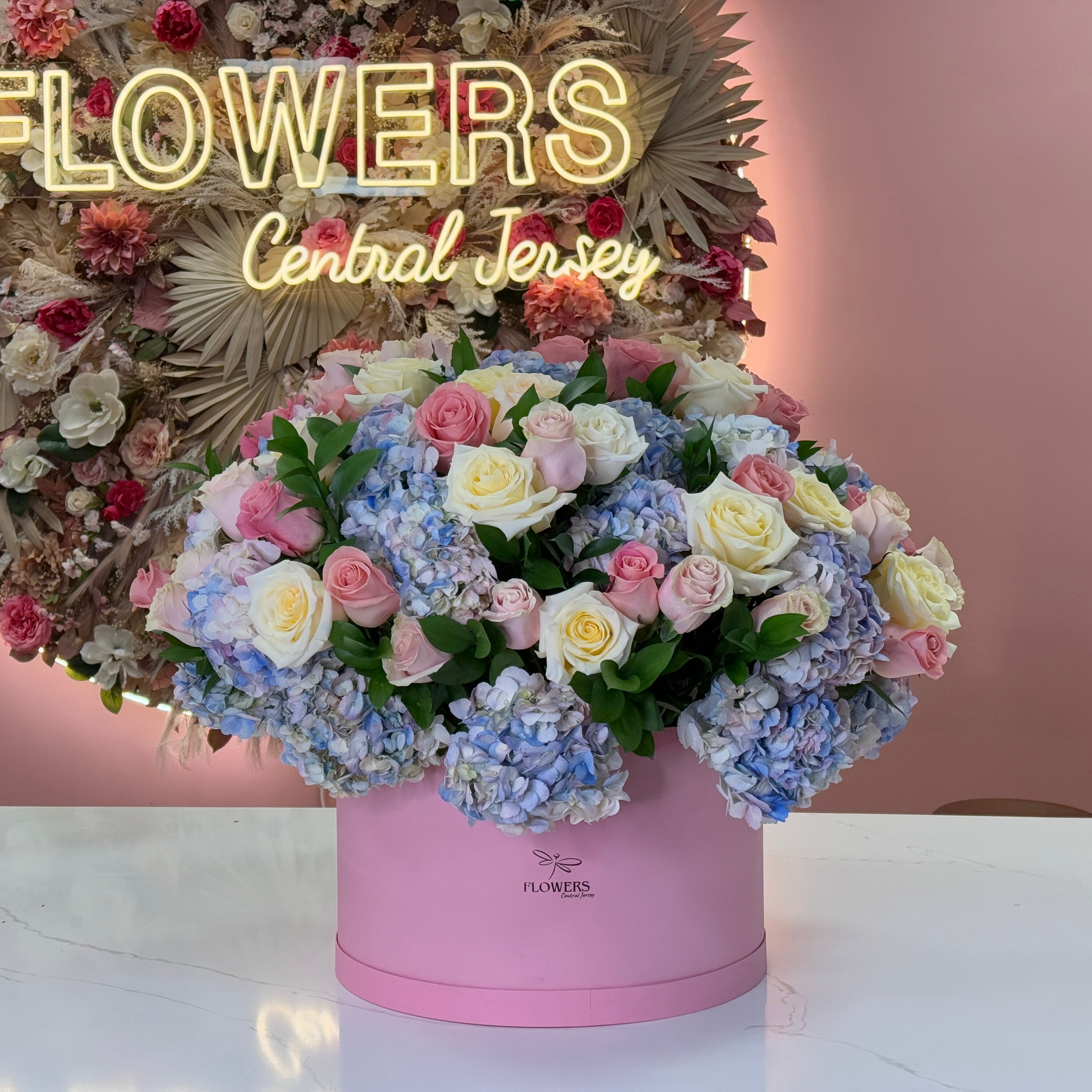 GIANT COTTON CANDY Pink, Cream Roses & Blue Lavender Hydrangea Flower Box