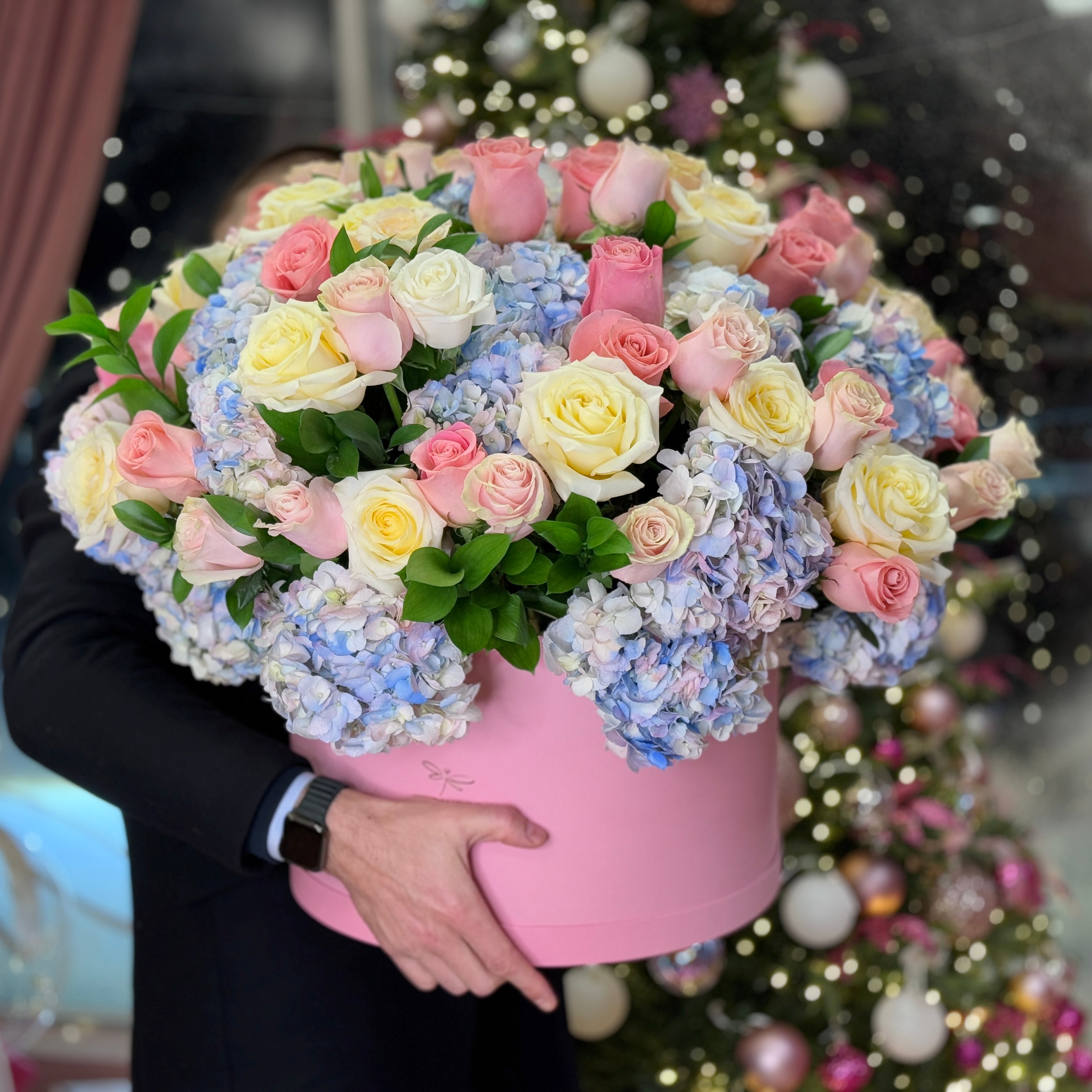 GIANT COTTON CANDY Pink, Cream Roses & Blue Lavender Hydrangea Flower Box