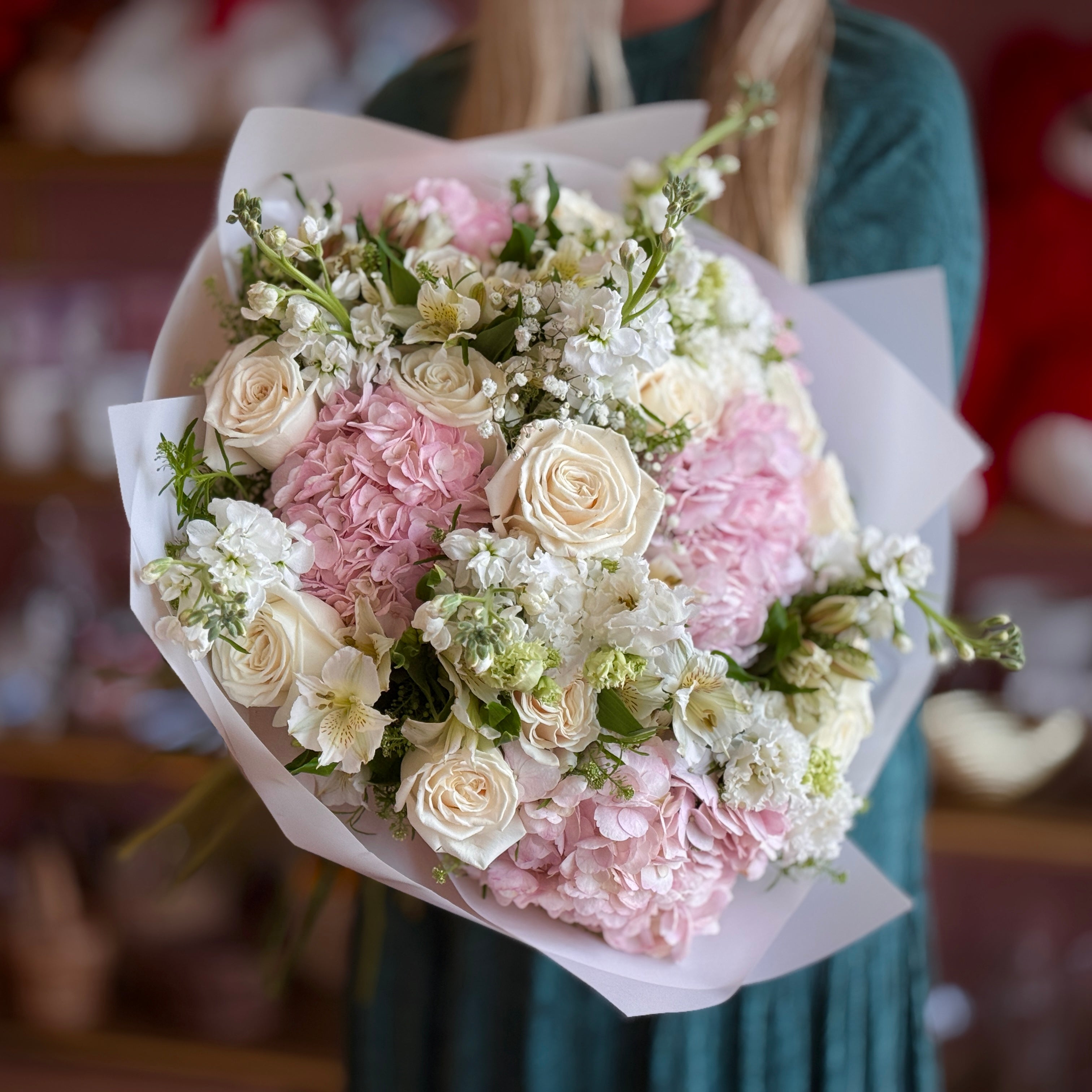 ANITA Pink Hydrangea White Roses & Stock Signature bouquet